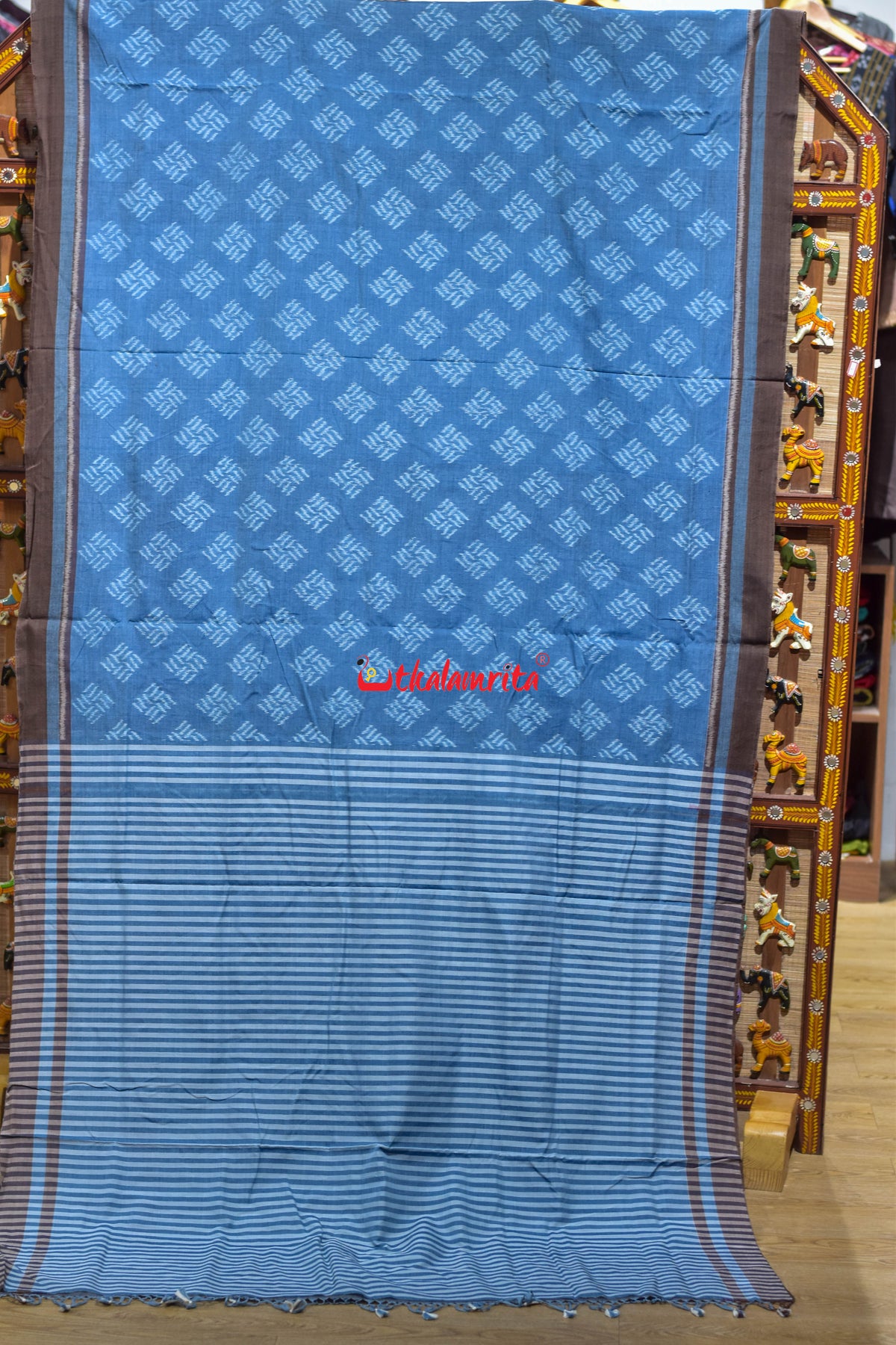 Sky Blue Brown Gaara Thikiri Maniabandha Cotton Saree