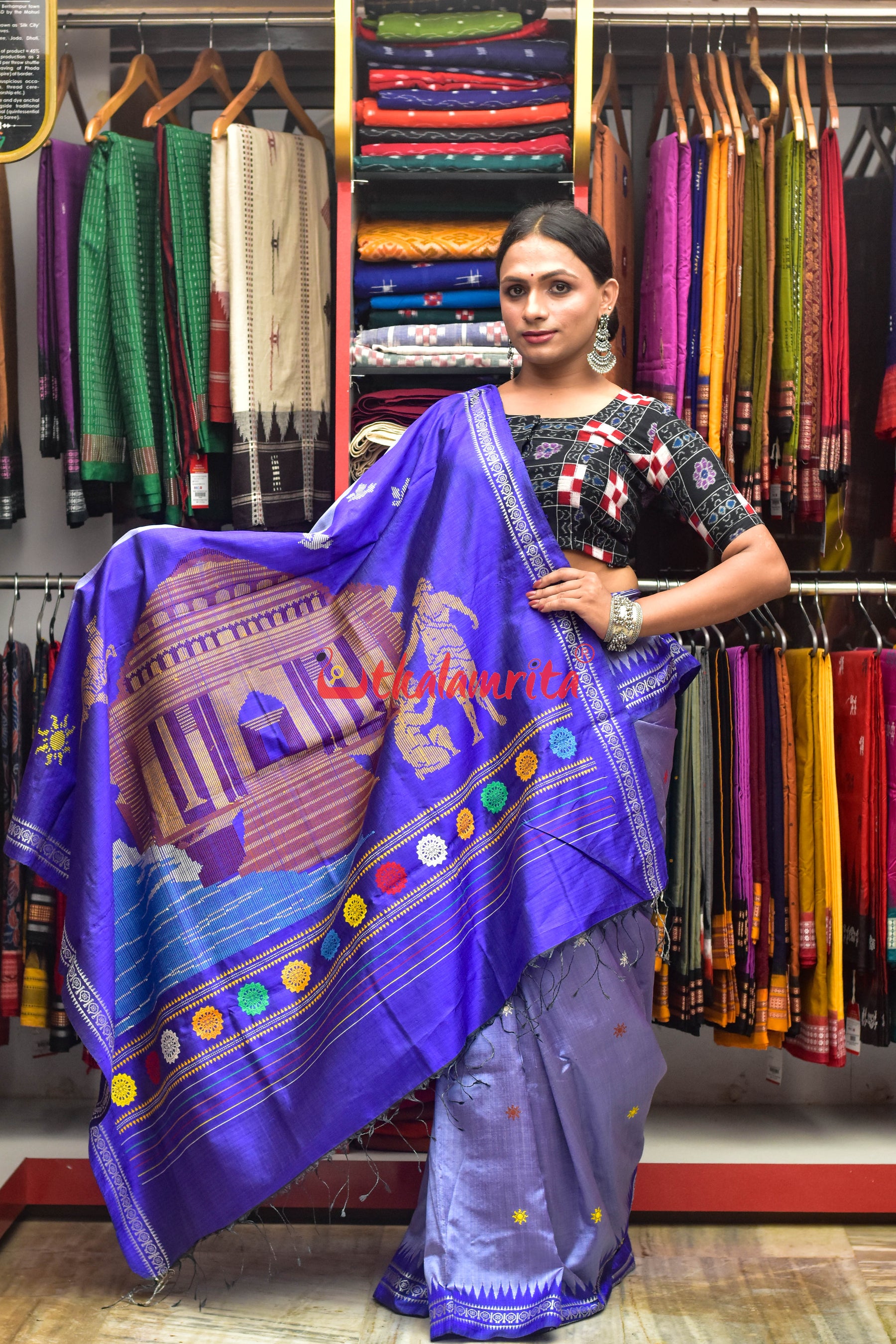 Sky Blue Konark Temple Tussar by Mulberry Silk Saree