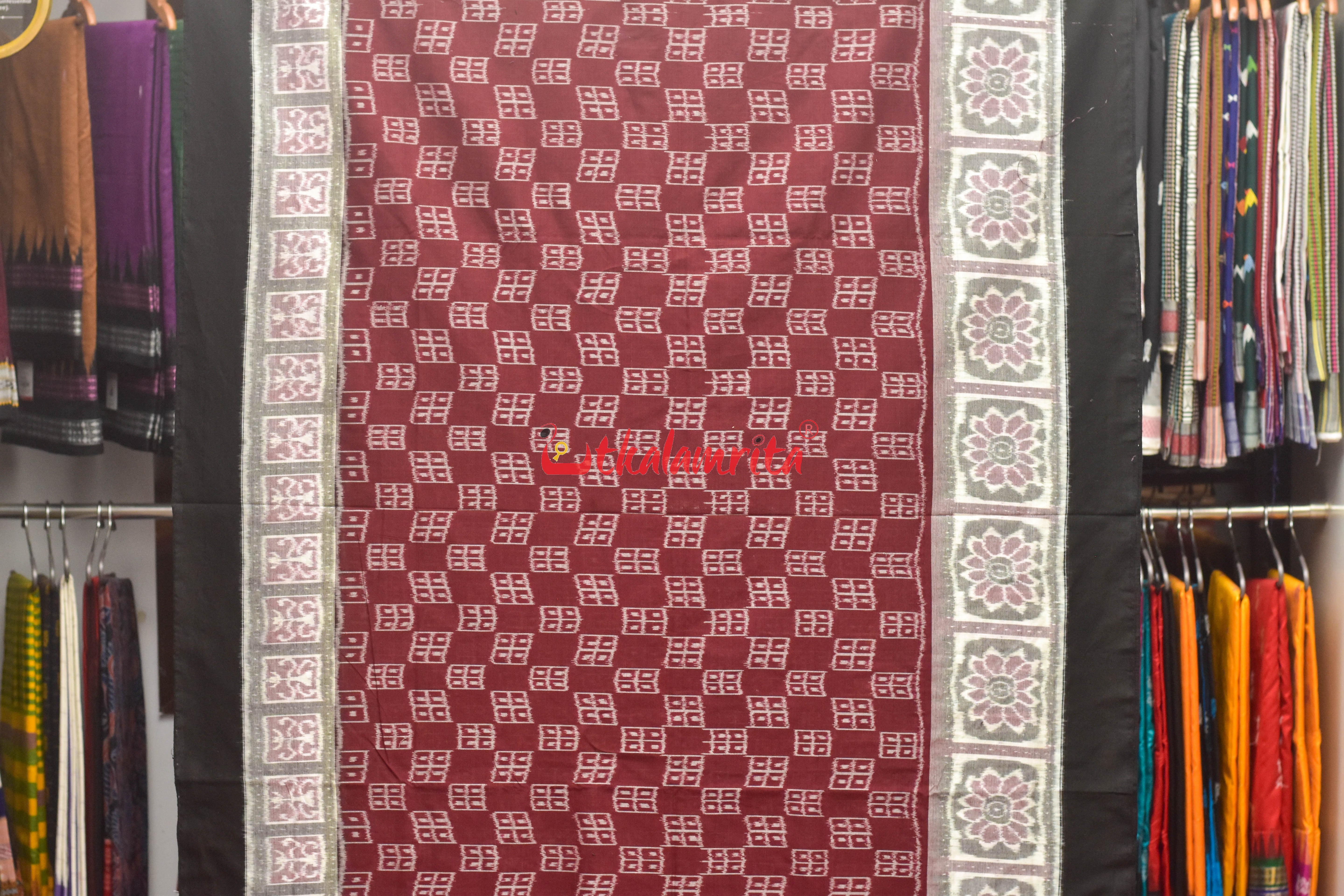 Maroon Windows Bandha Sambalpuri Cotton Saree