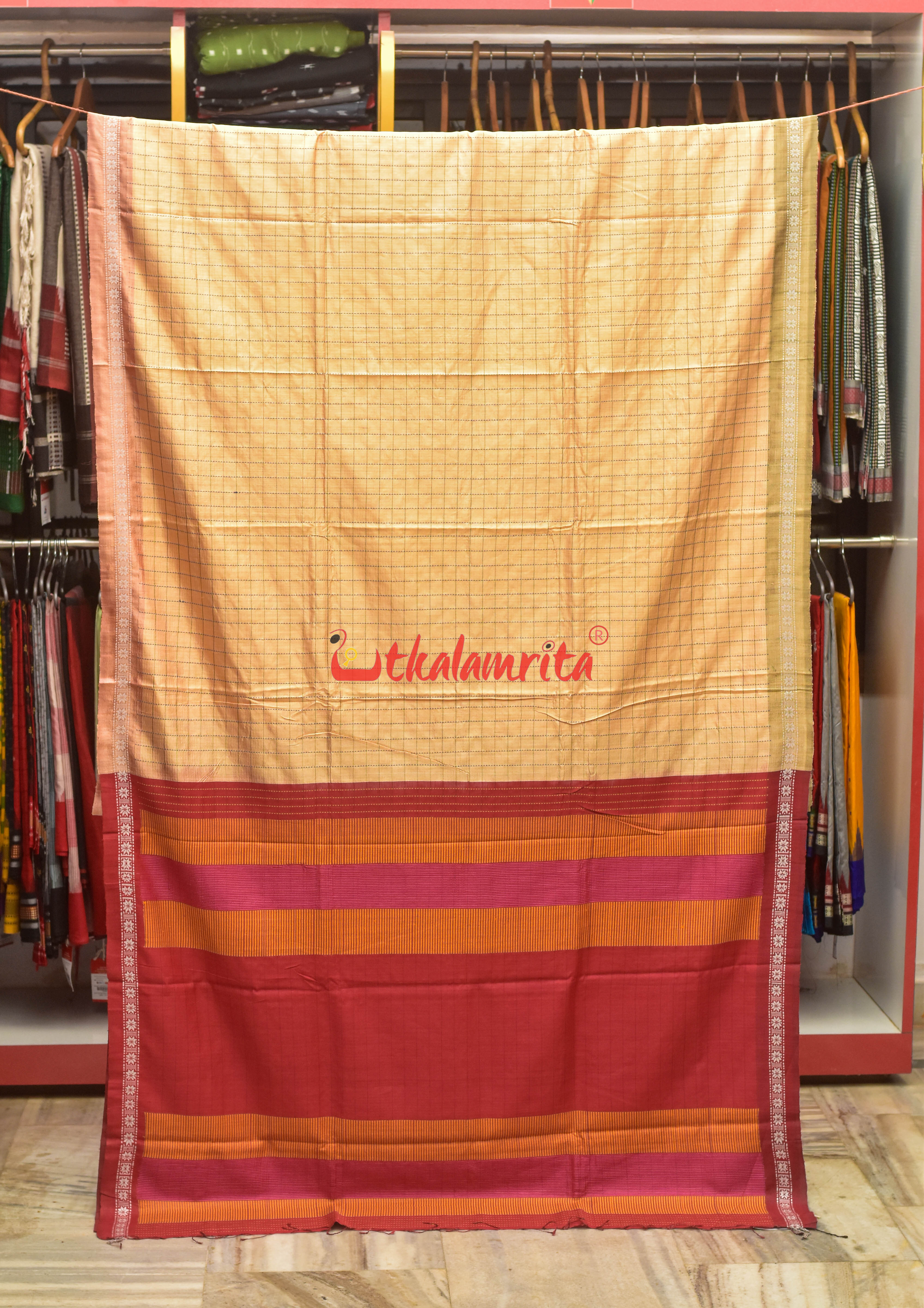 Orange Body Check And Anchal Stripes Tussar Saree
