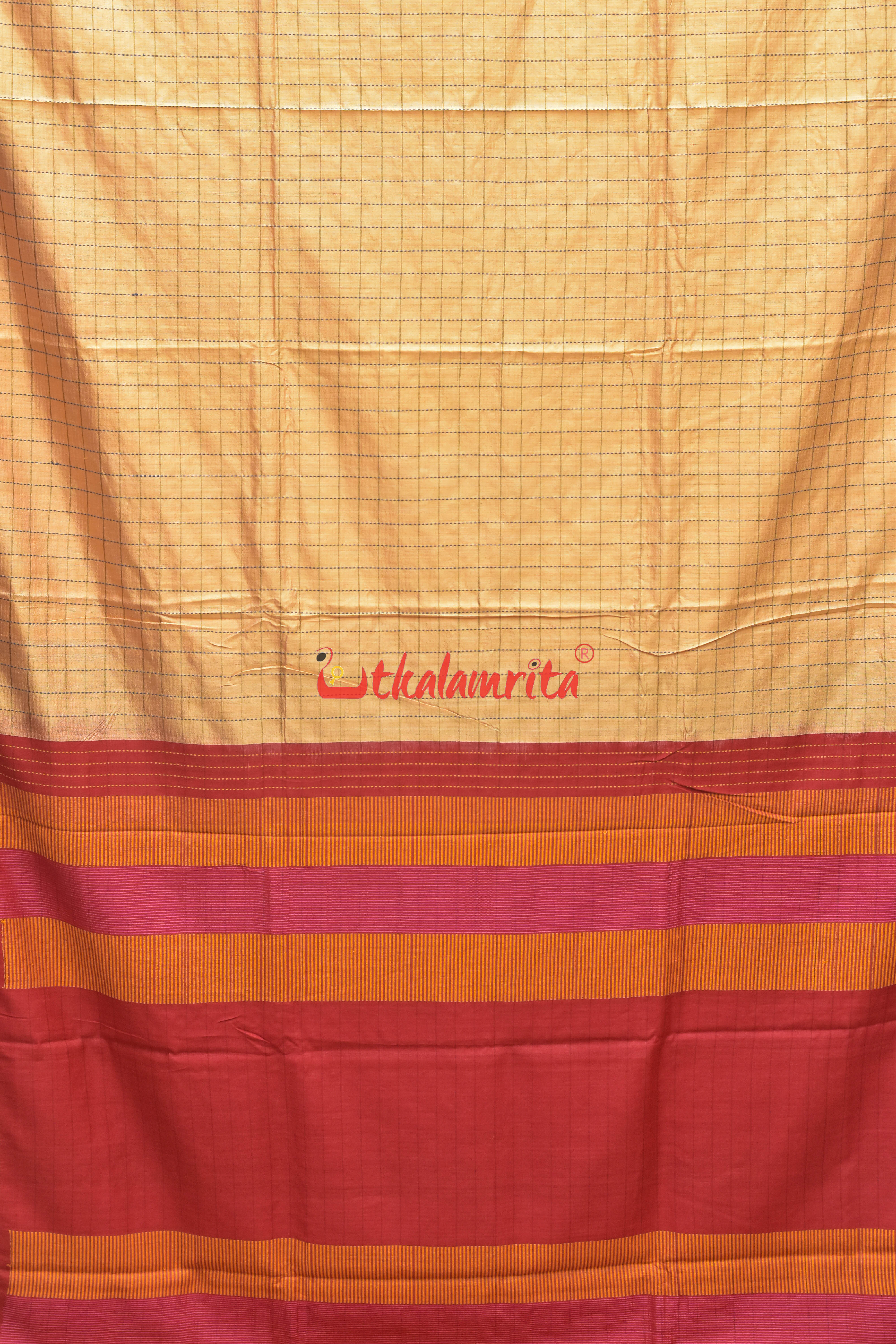 Orange Body Check And Anchal Stripes Tussar Saree