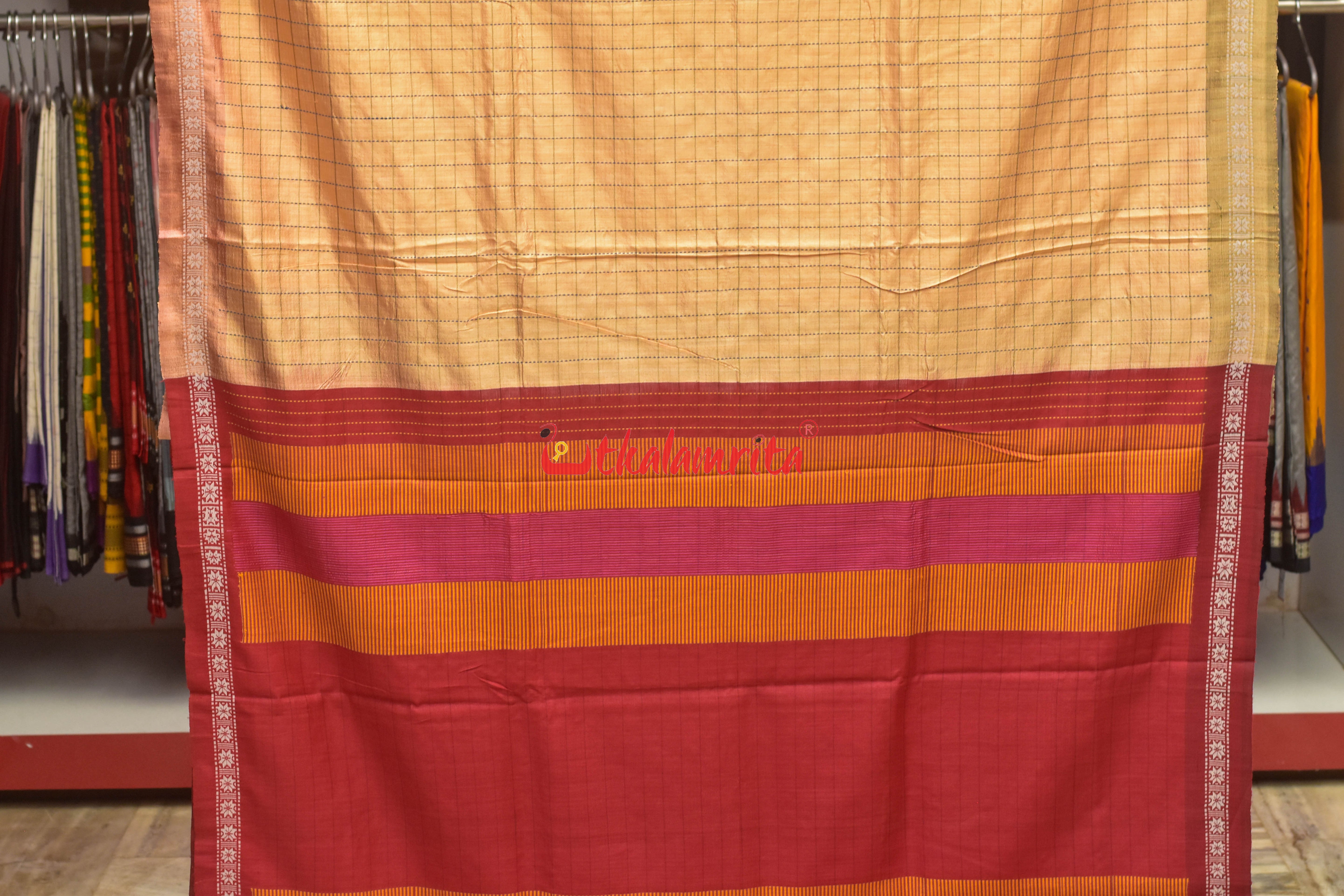 Orange Body Check And Anchal Stripes Tussar Saree