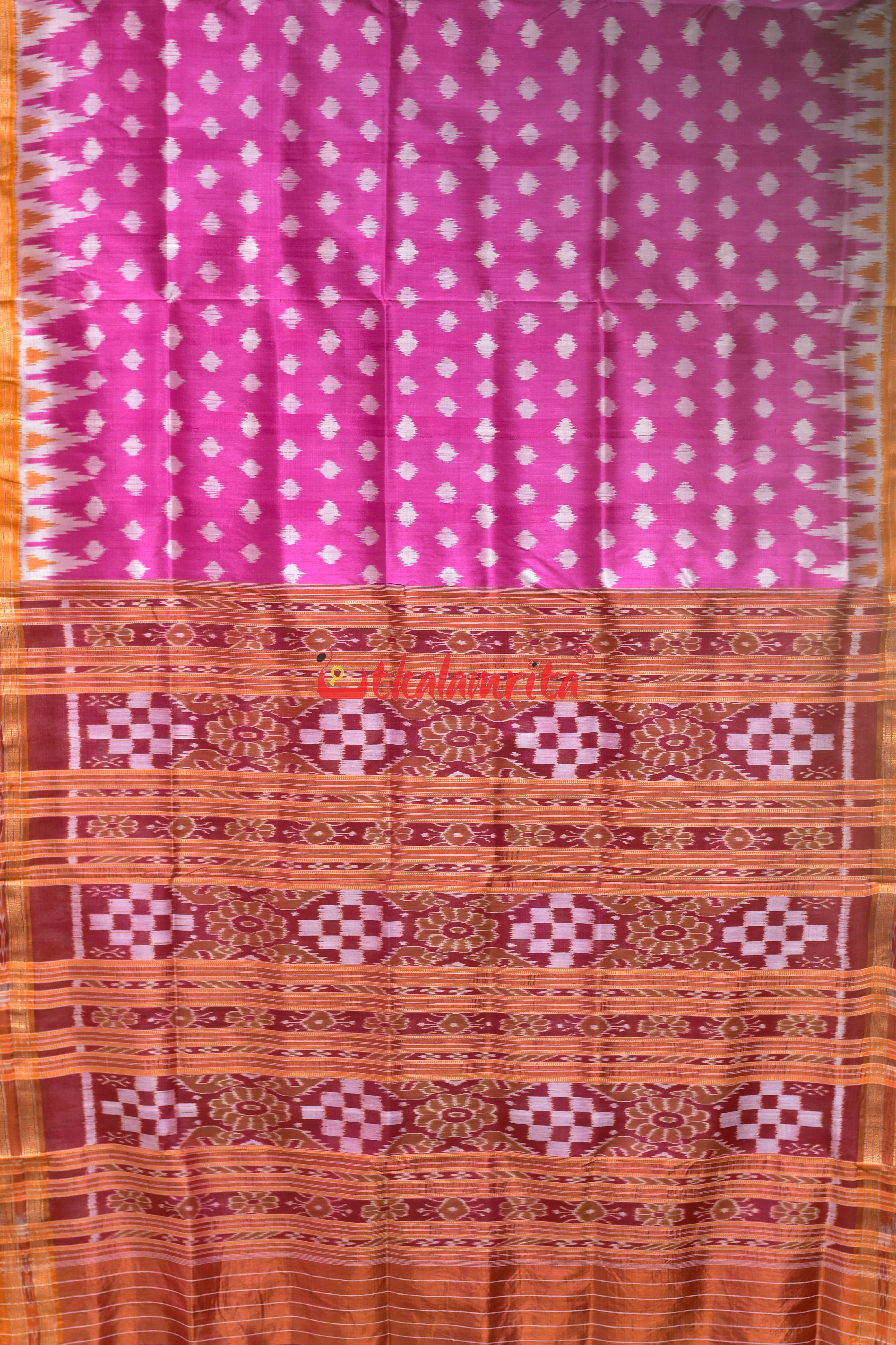 Body Dots Pink Yellow Border Khandua Silk Saree