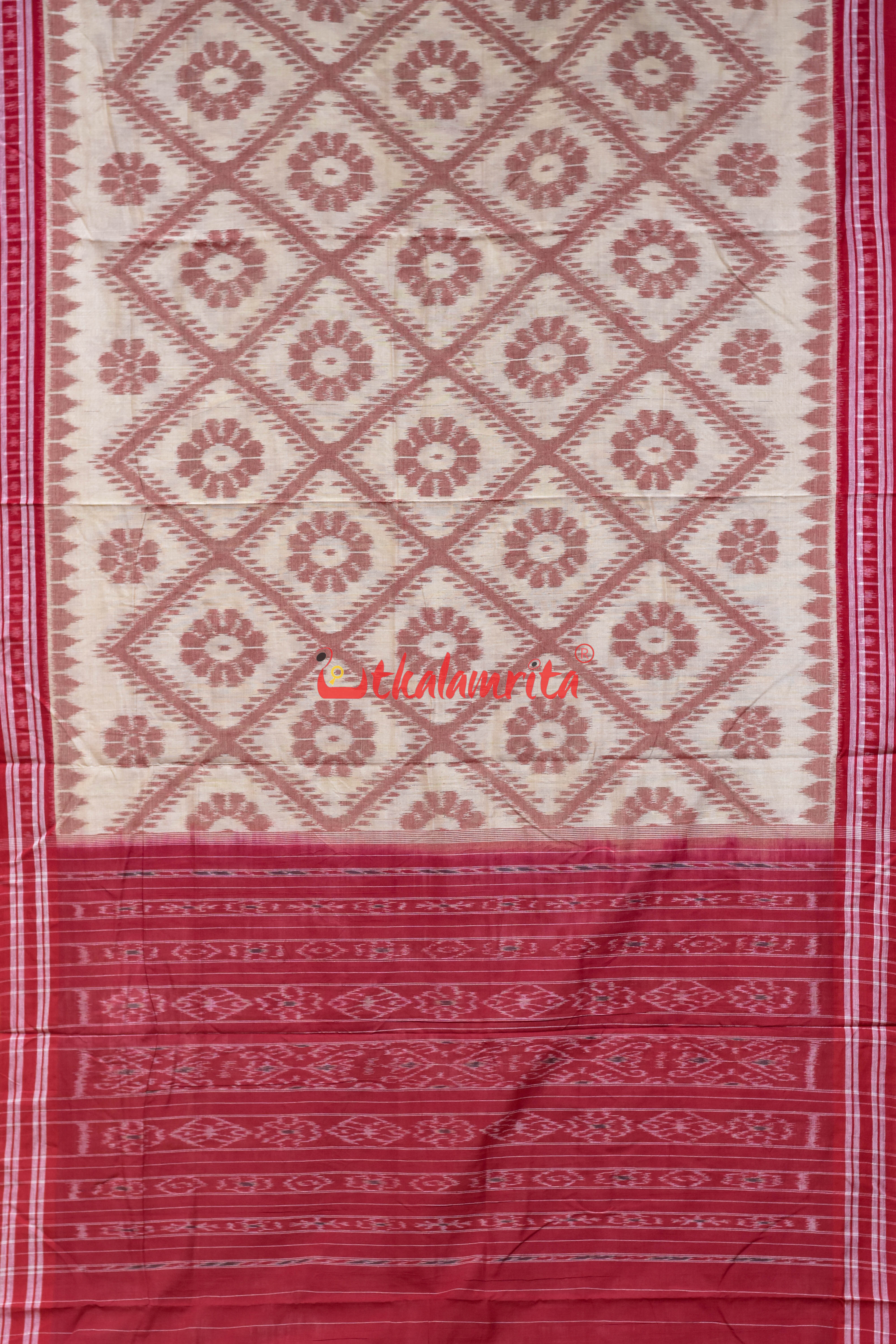 Off White Red Bada Phula Khandua Cotton Saree