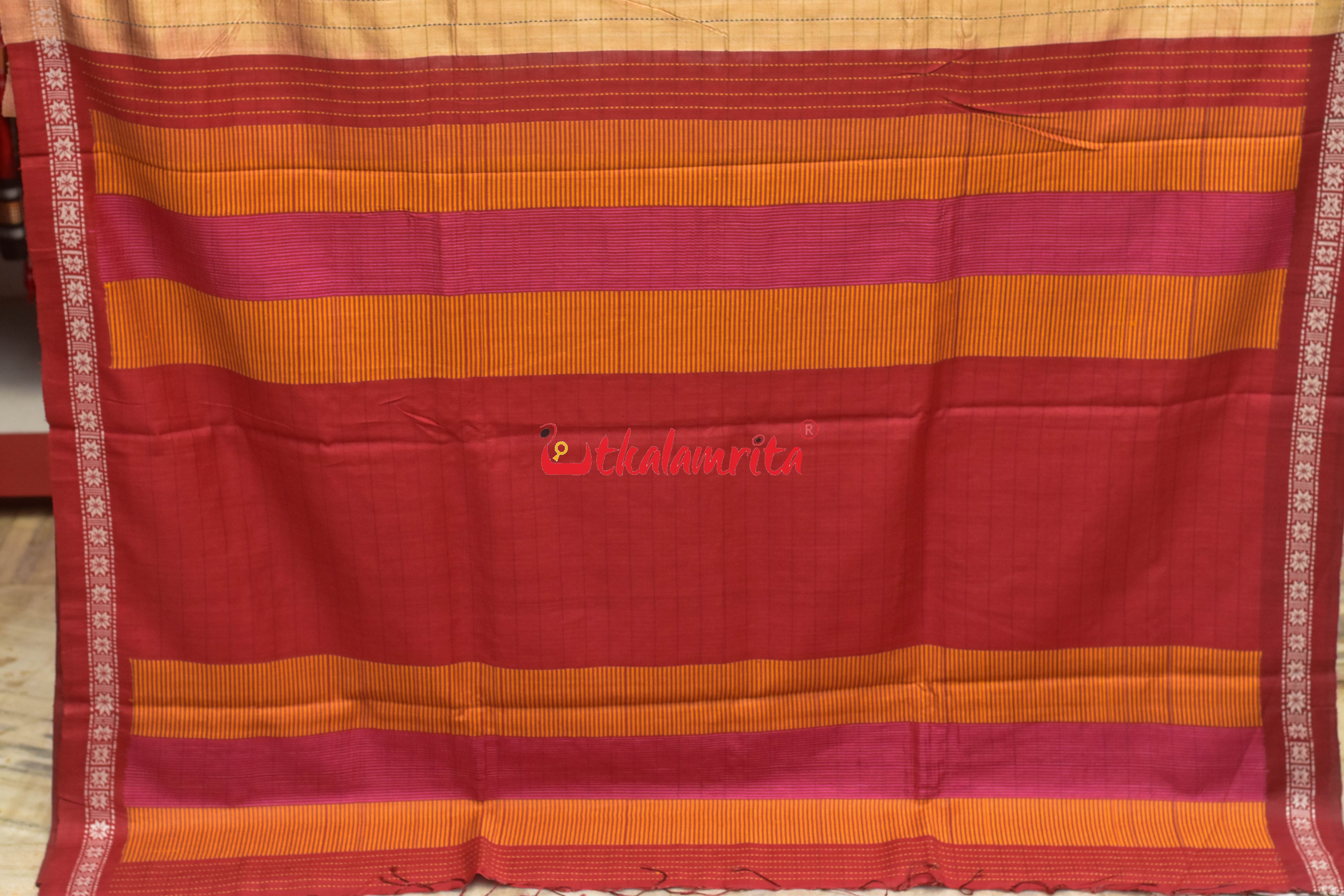 Orange Body Check And Anchal Stripes Tussar Saree