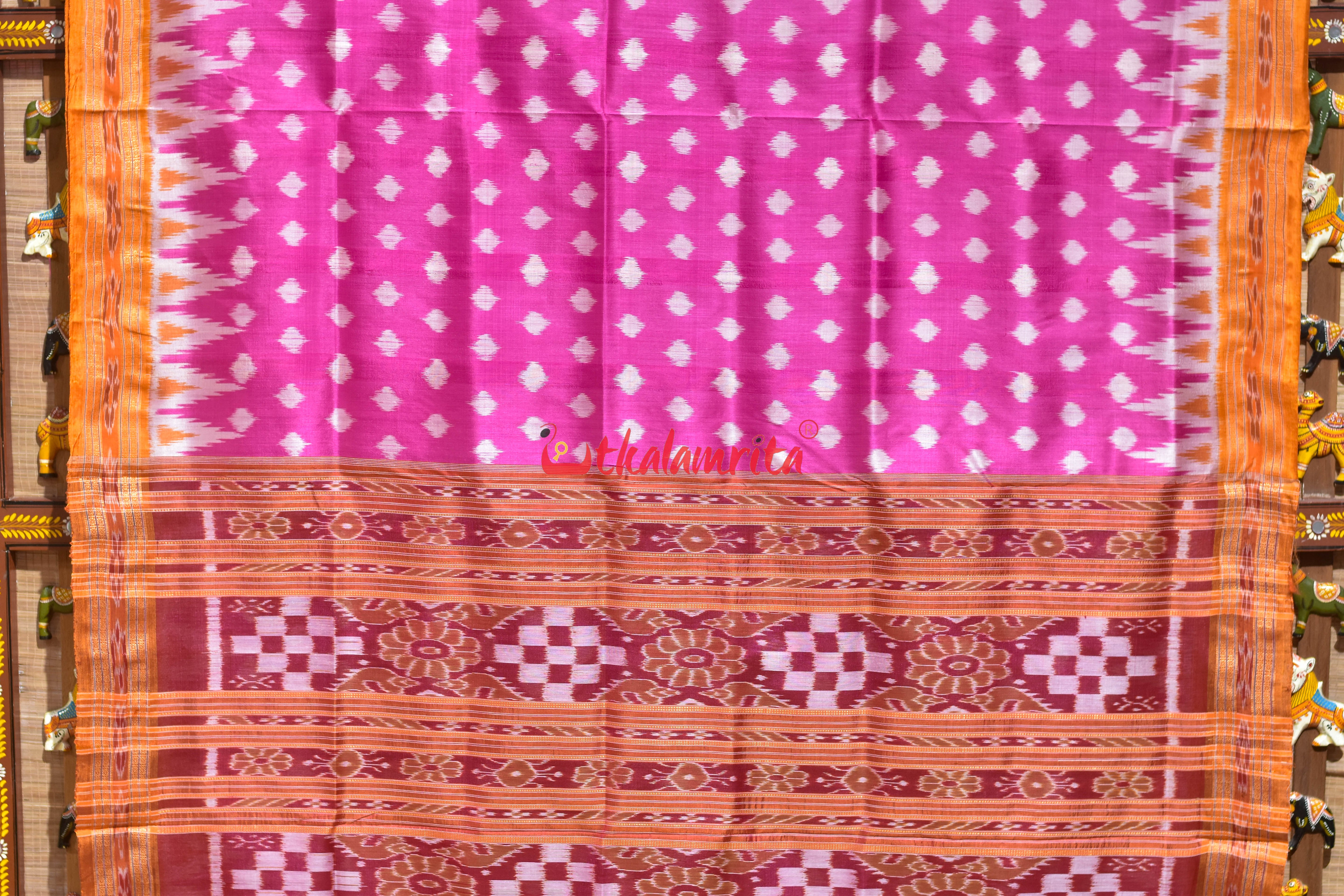 Body Dots Pink Yellow Border Khandua Silk Saree