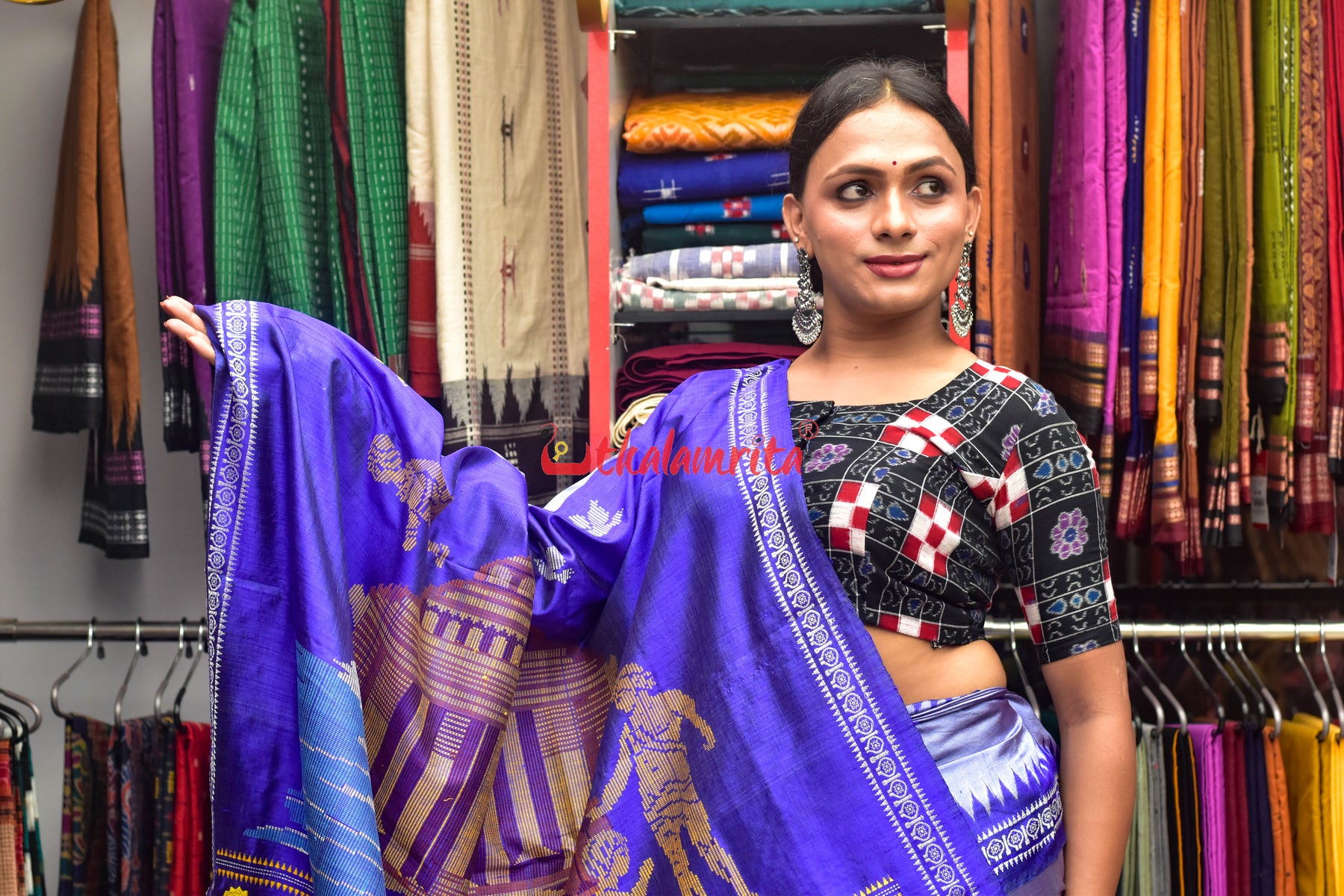 Sky Blue Konark Temple Tussar by Mulberry Silk Saree
