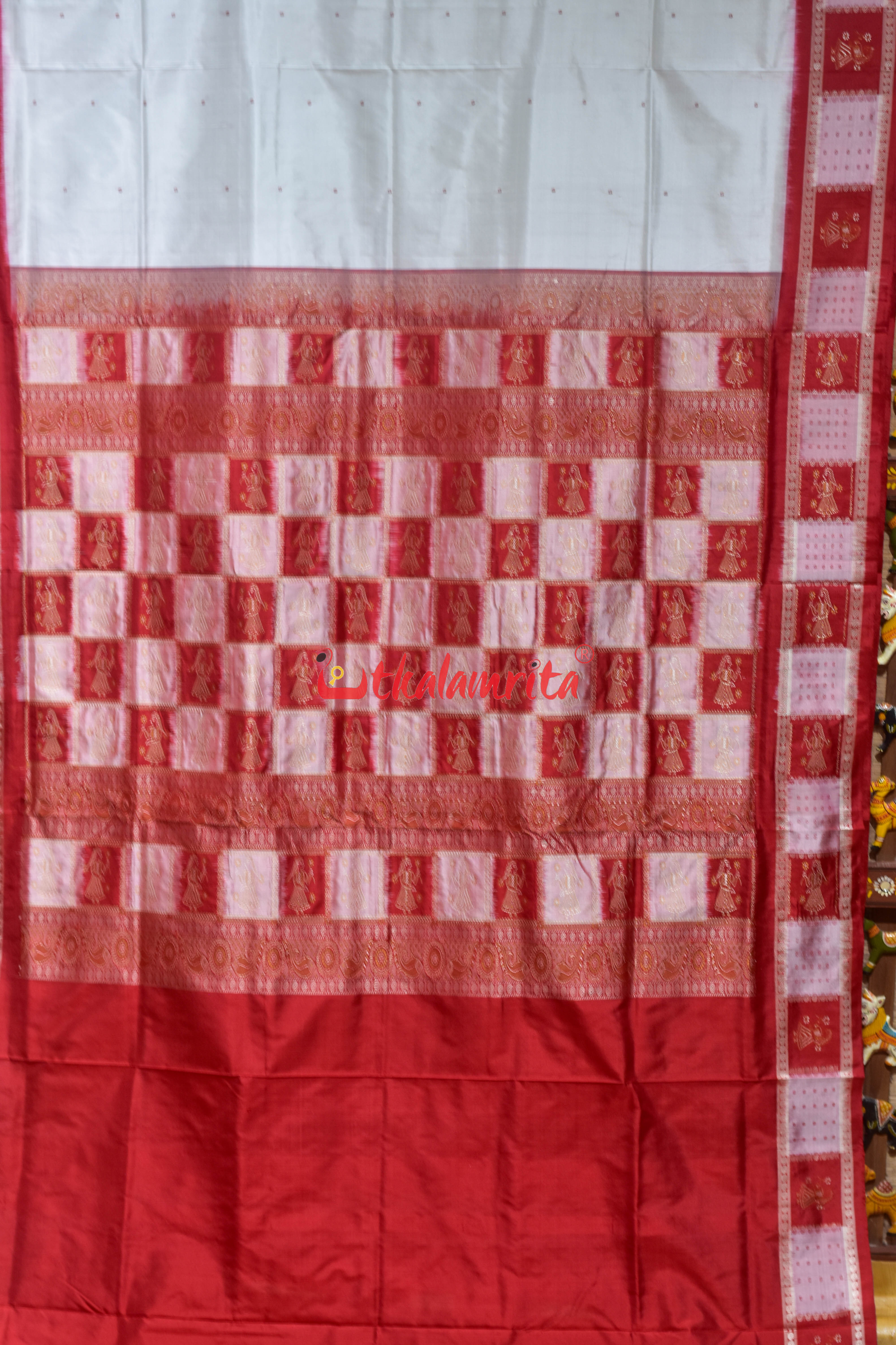White Red with Doll Border Bomkai Silk Saree