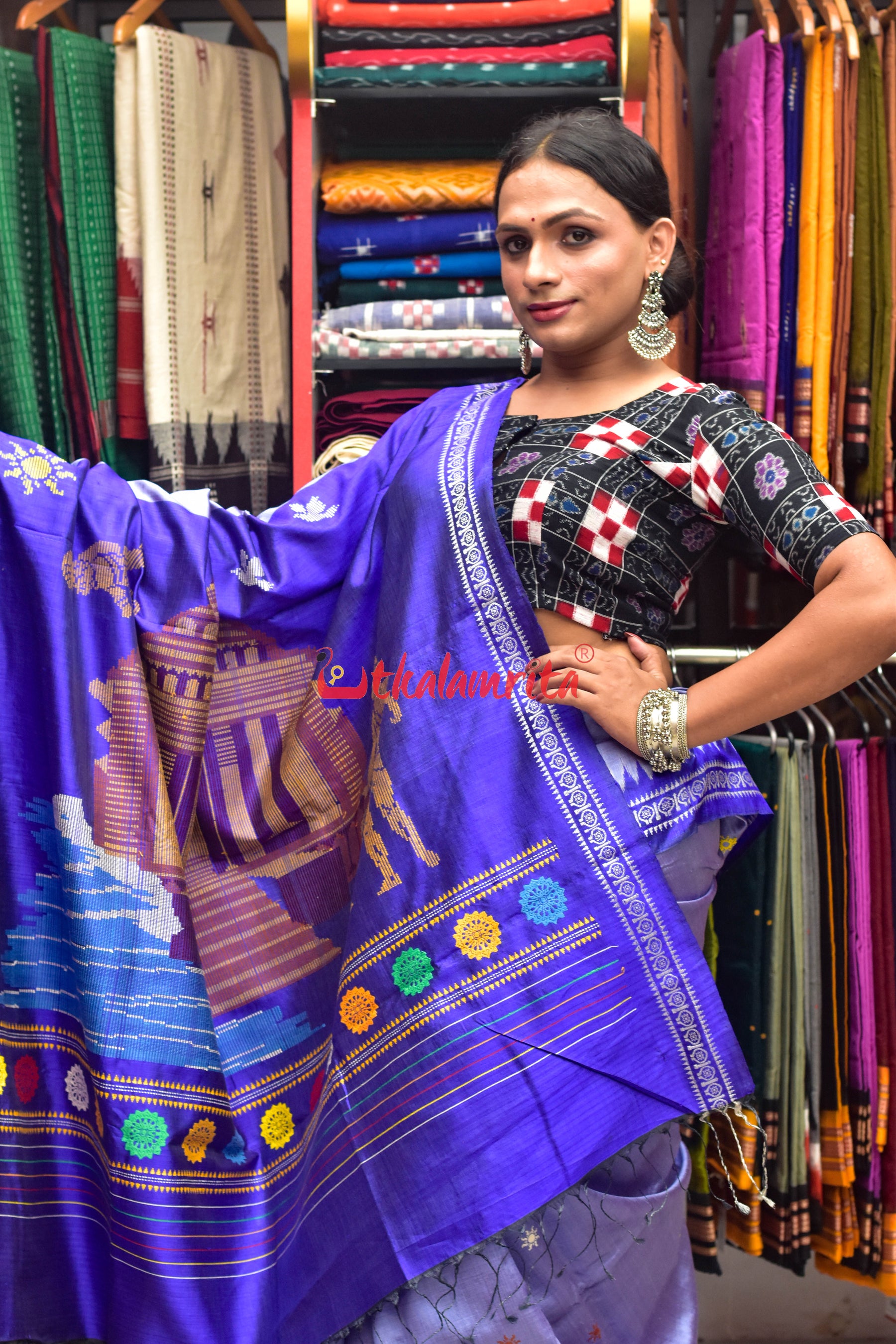 Sky Blue Konark Temple Tussar by Mulberry Silk Saree