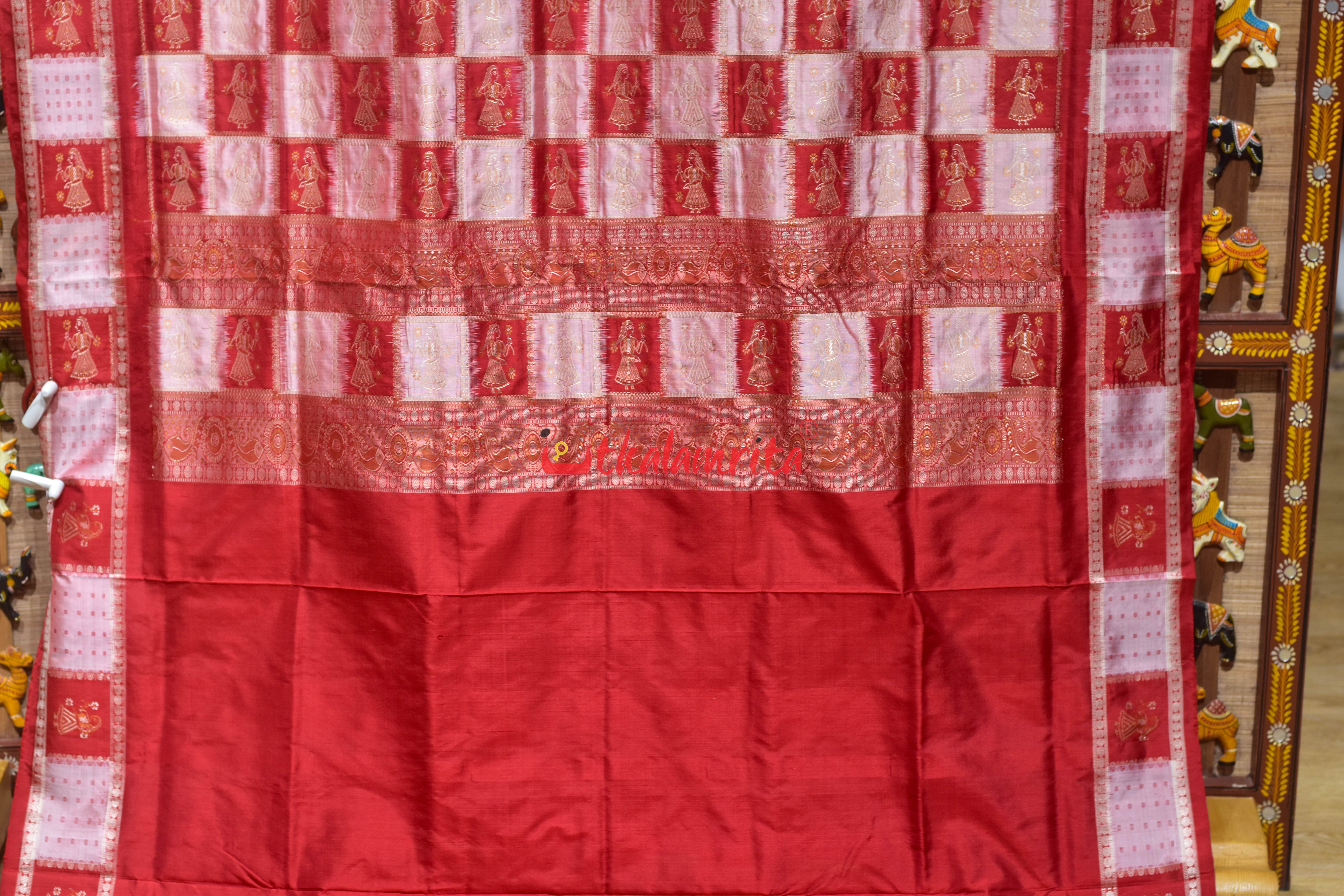 White Red with Doll Border Bomkai Silk Saree