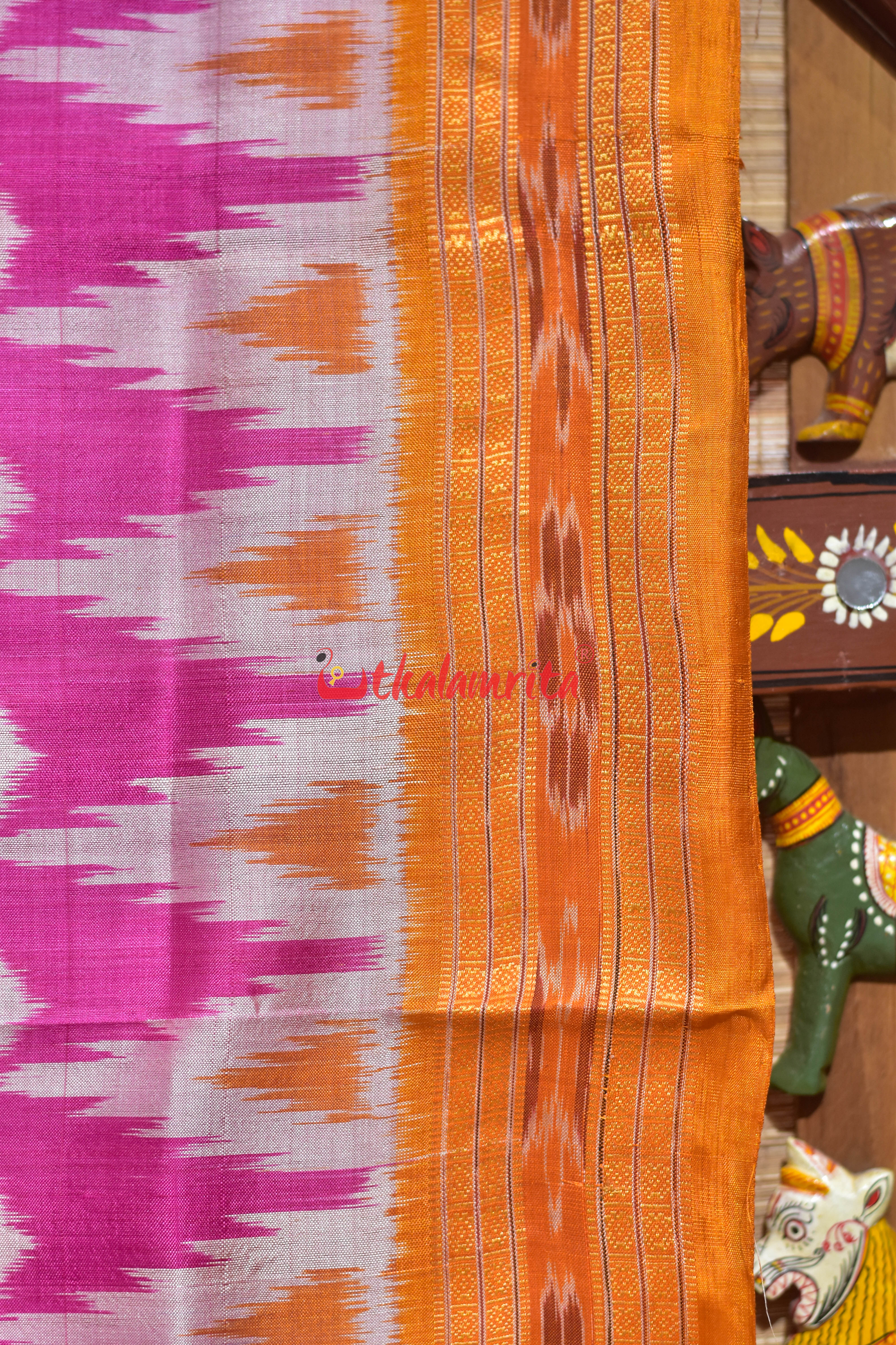 Body Dots Pink Yellow Border Khandua Silk Saree