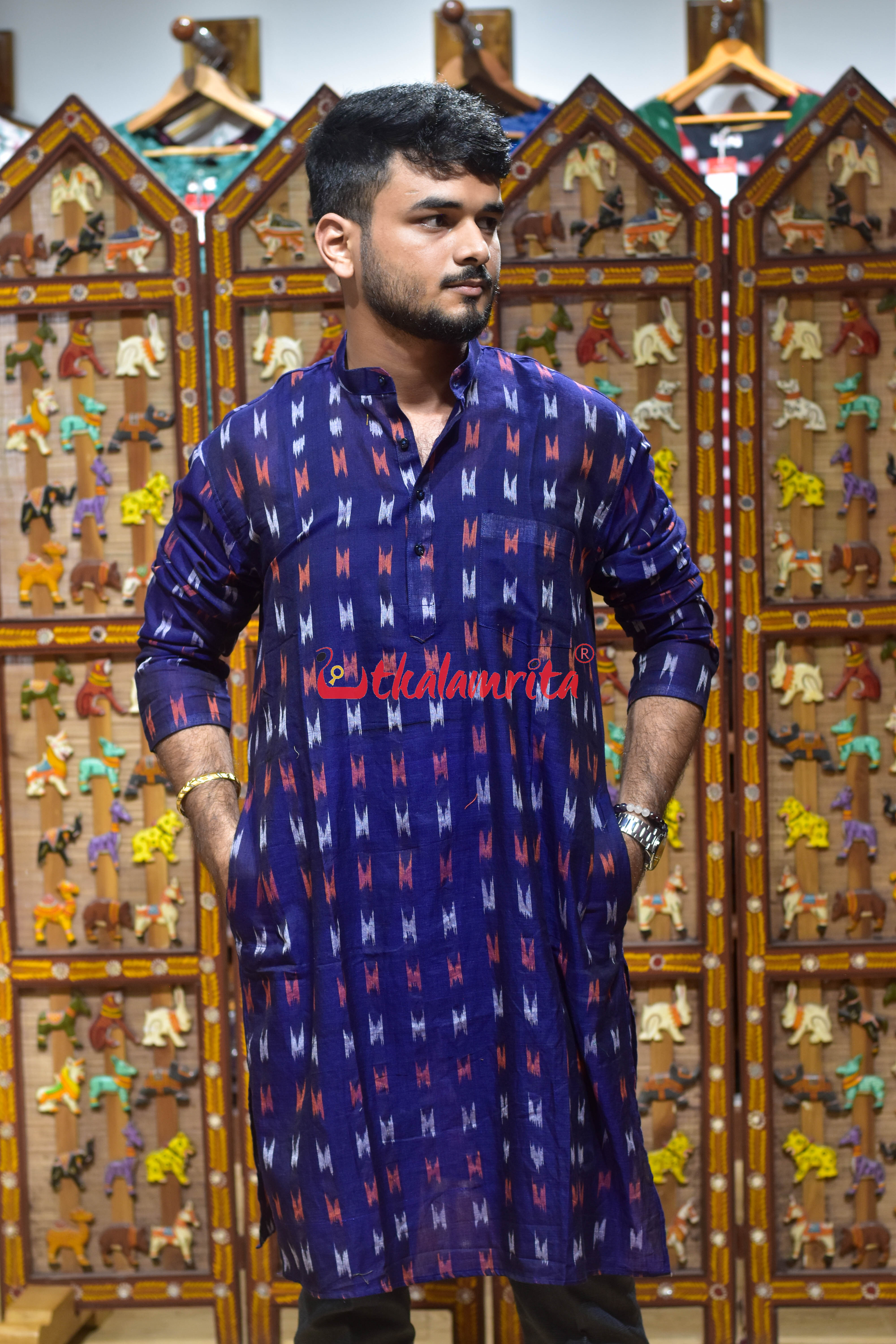 Navy Blue M Design (Men's Long Kurta)