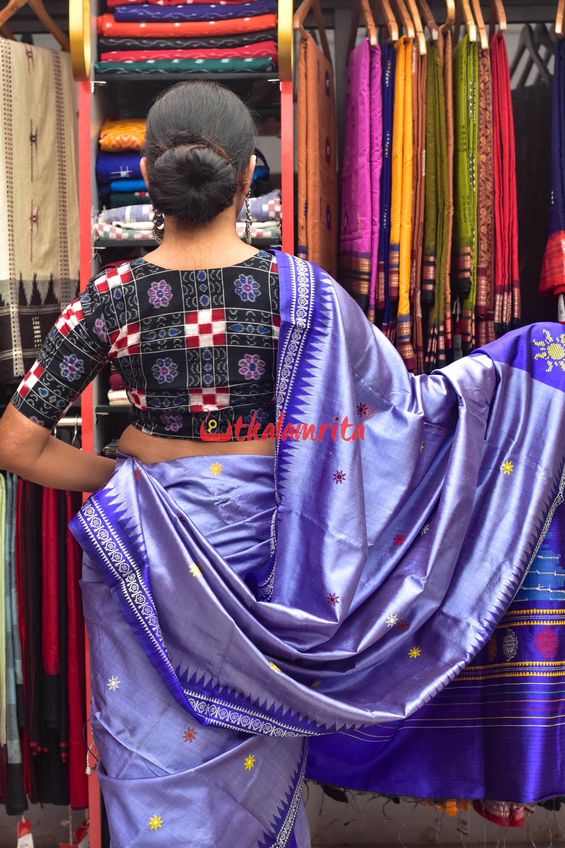 Sky Blue Konark Temple Tussar by Mulberry Silk Saree