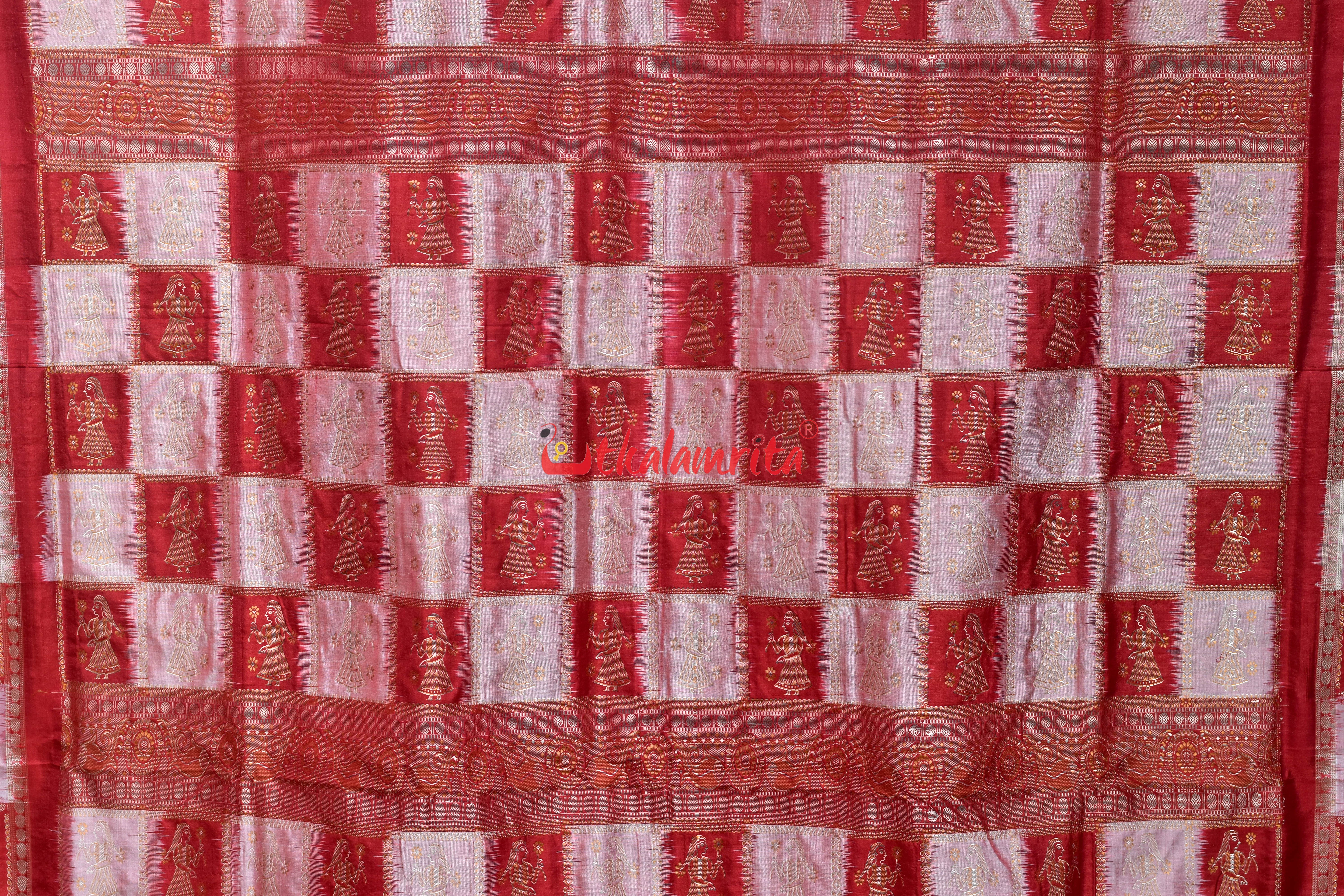 White Red with Doll Border Bomkai Silk Saree