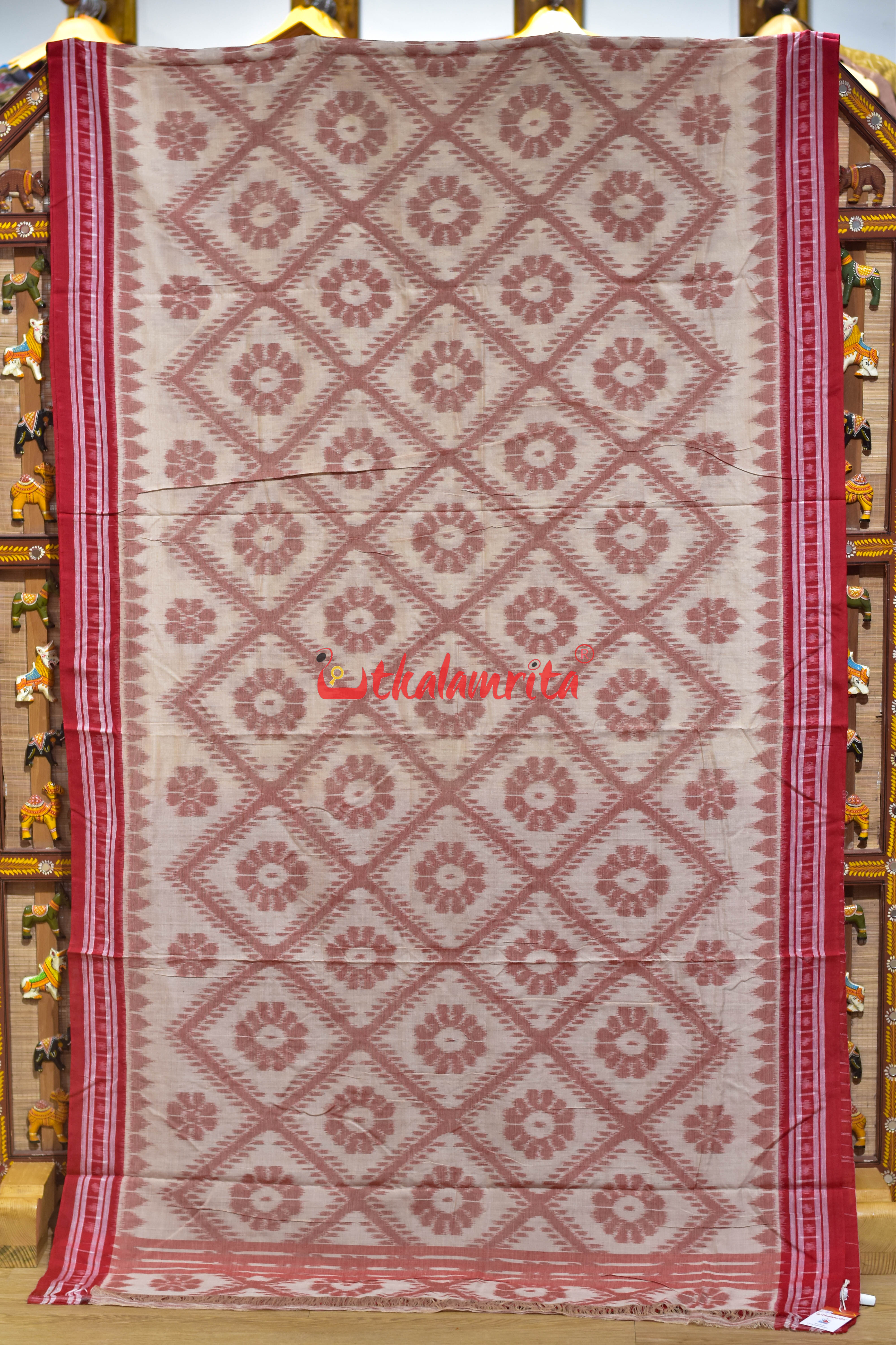 Off White Red Bada Phula Khandua Cotton Saree