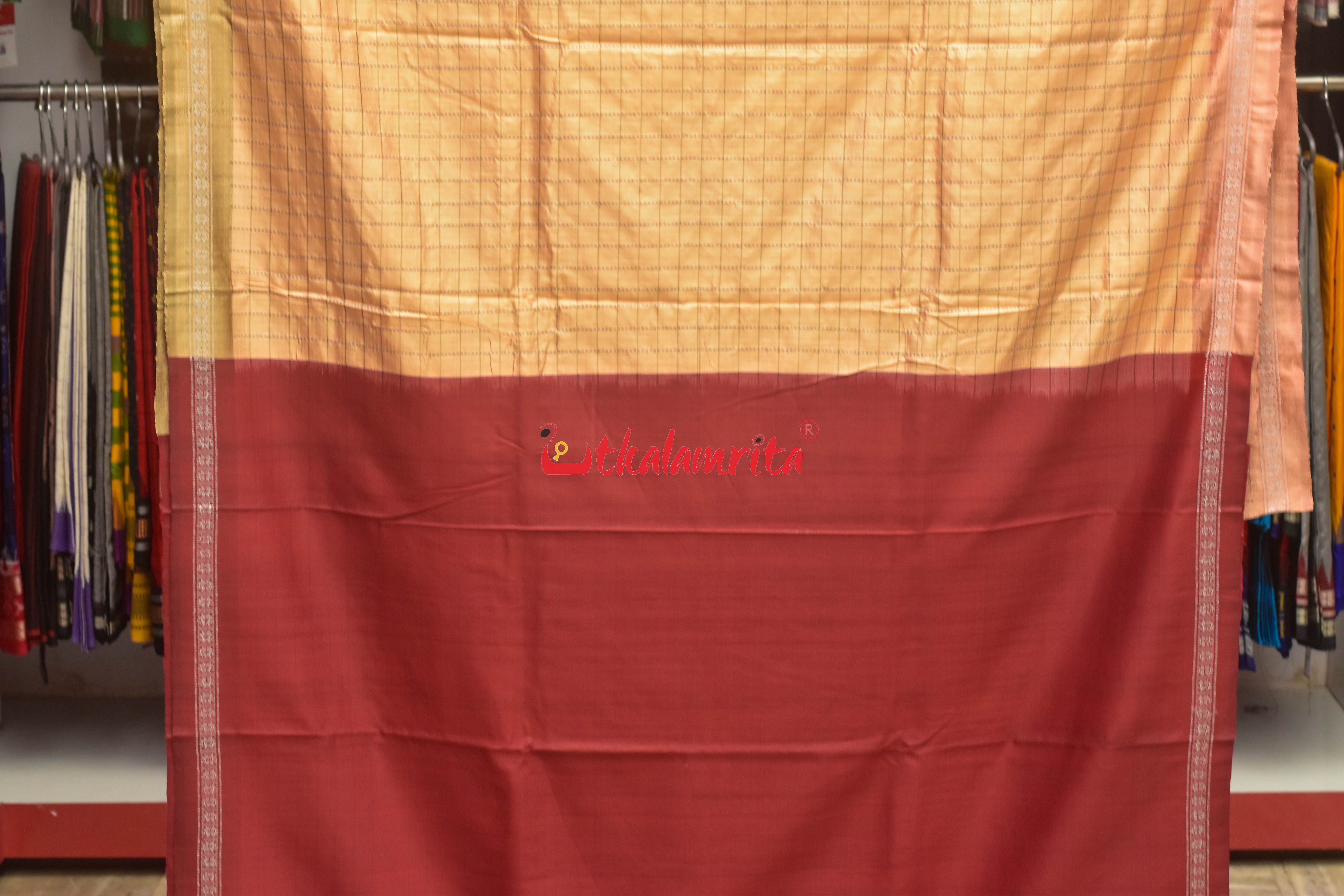 Orange Body Check And Anchal Stripes Tussar Saree