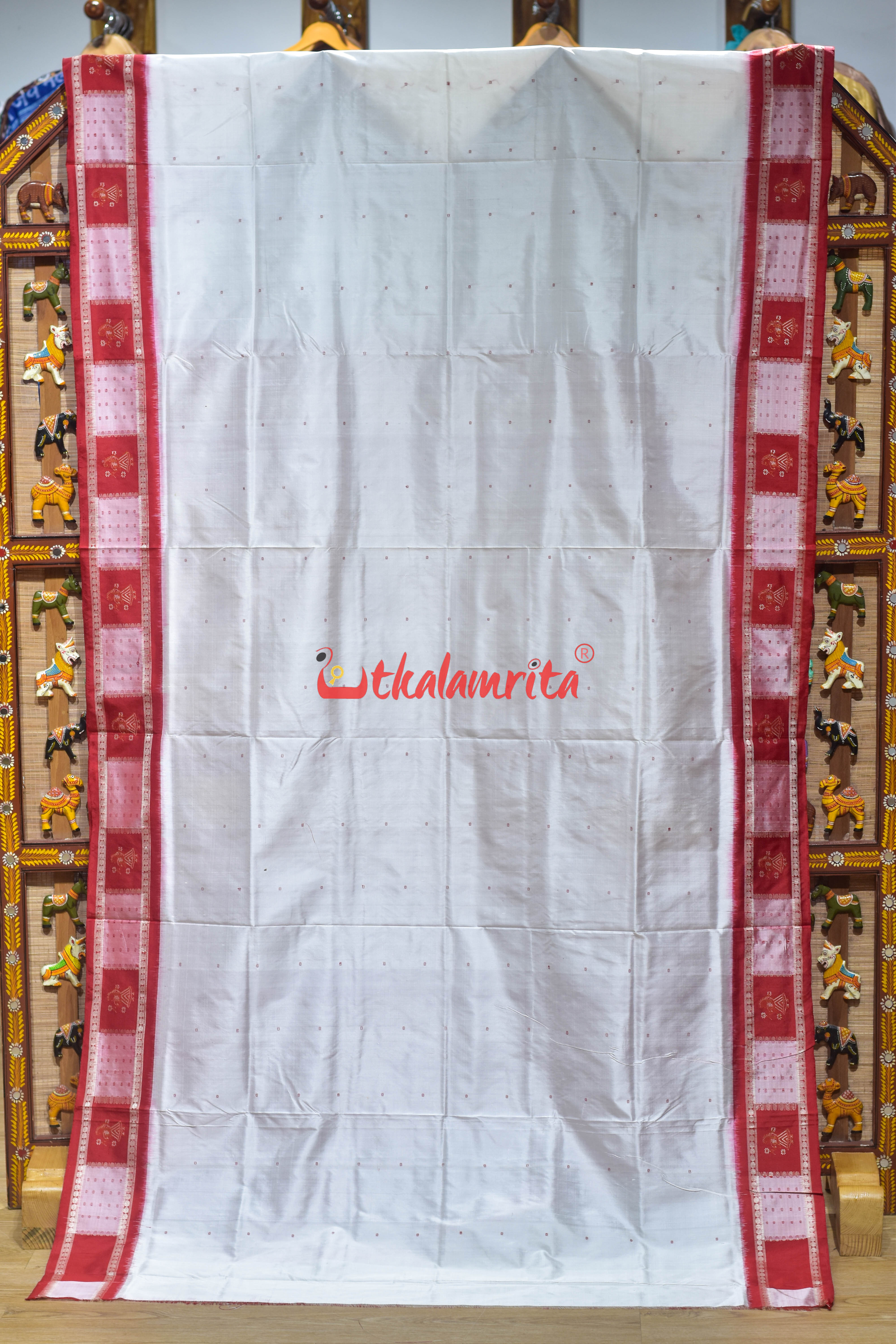 White Red with Doll Border Bomkai Silk Saree