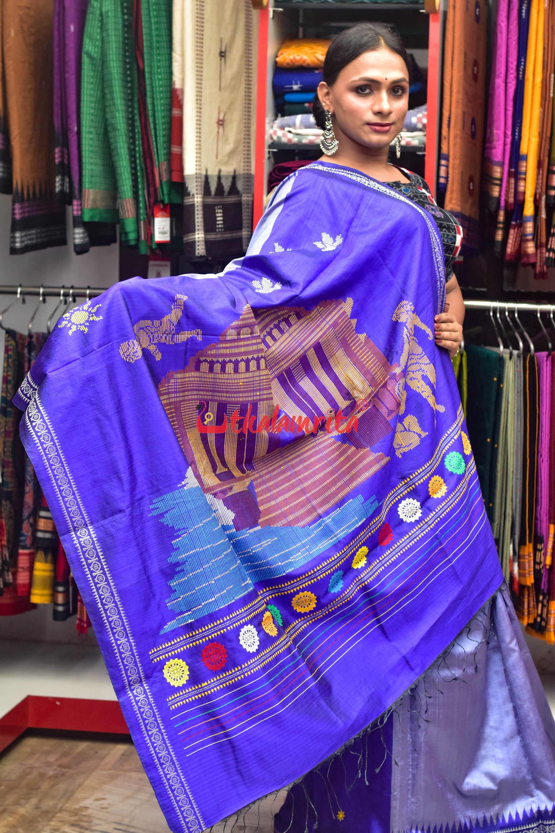 Sky Blue Konark Temple Tussar by Mulberry Silk Saree