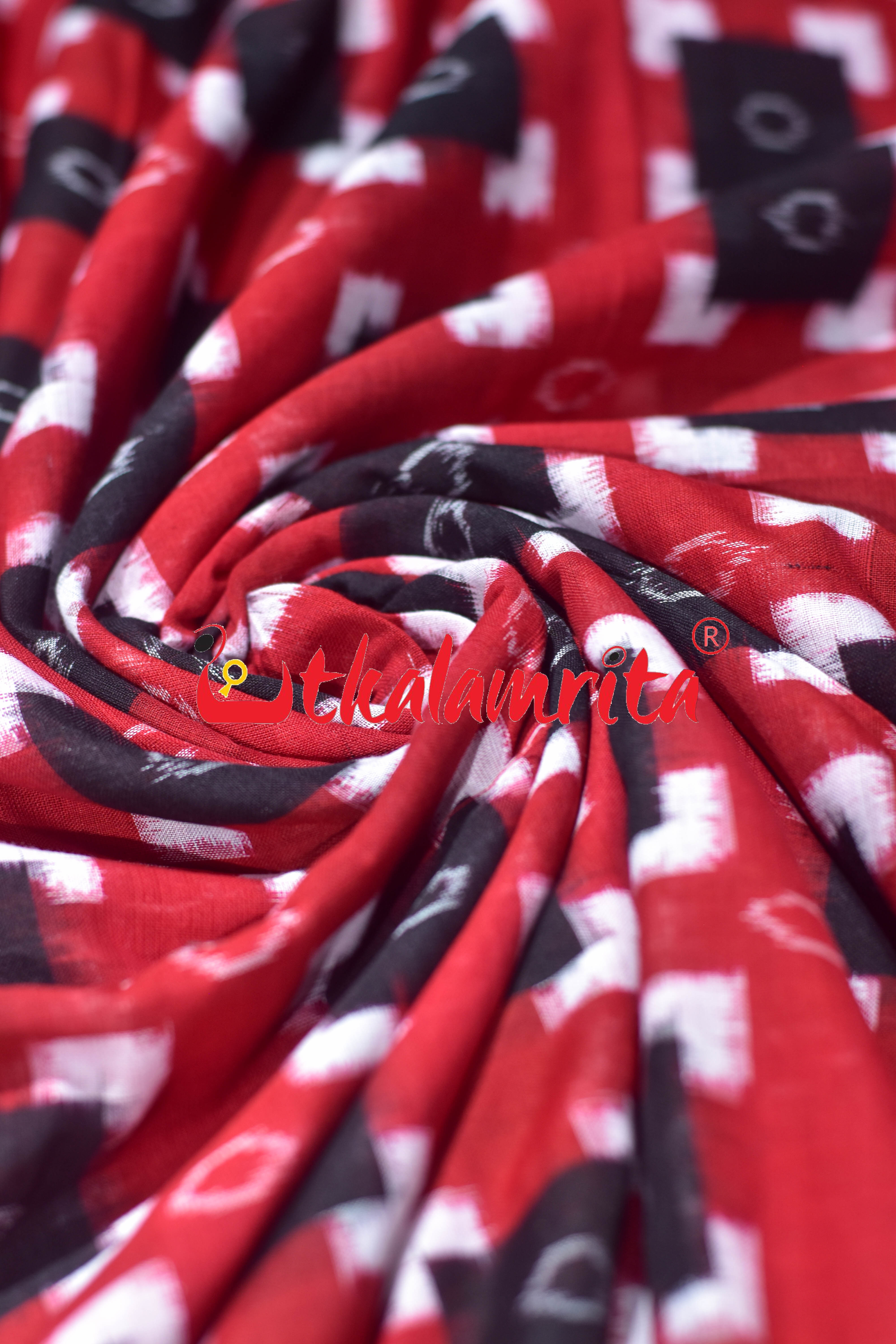 Black Squares on Red Sambalpuri Pasapali Cotton (Fabric)