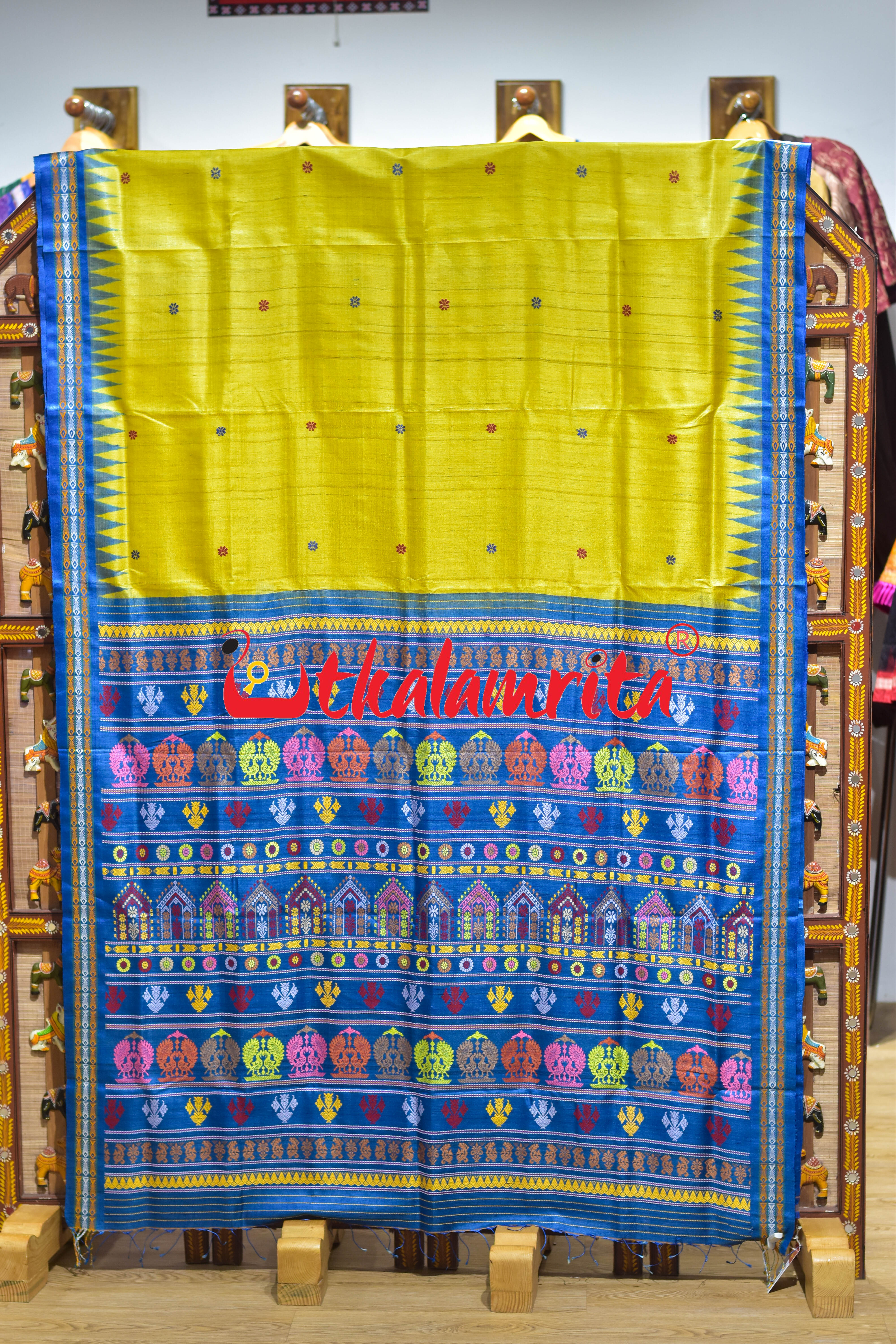 Yellow with Blue Dolabedi Gopalpur Tussar Silk Saree