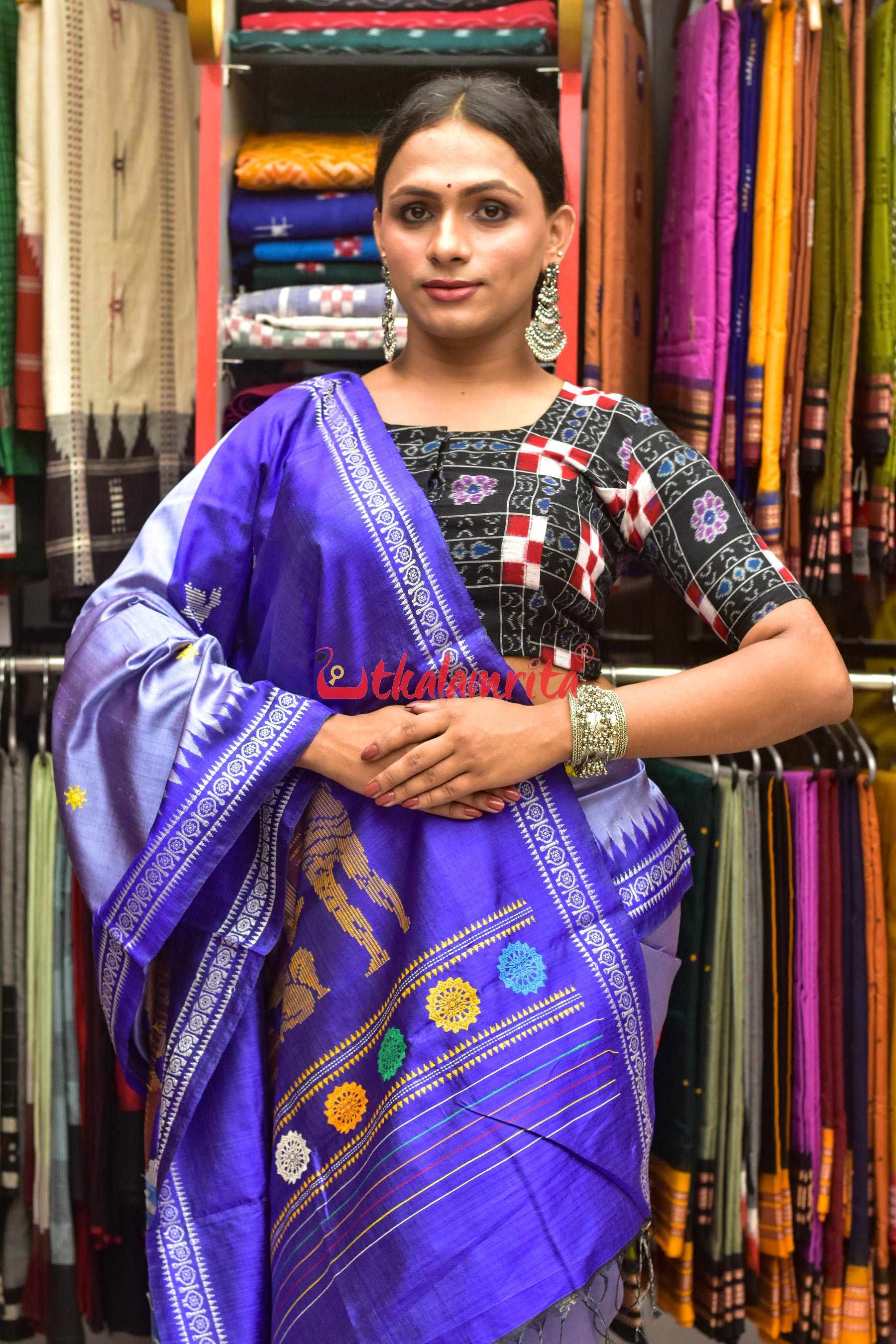 Sky Blue Konark Temple Tussar by Mulberry Silk Saree