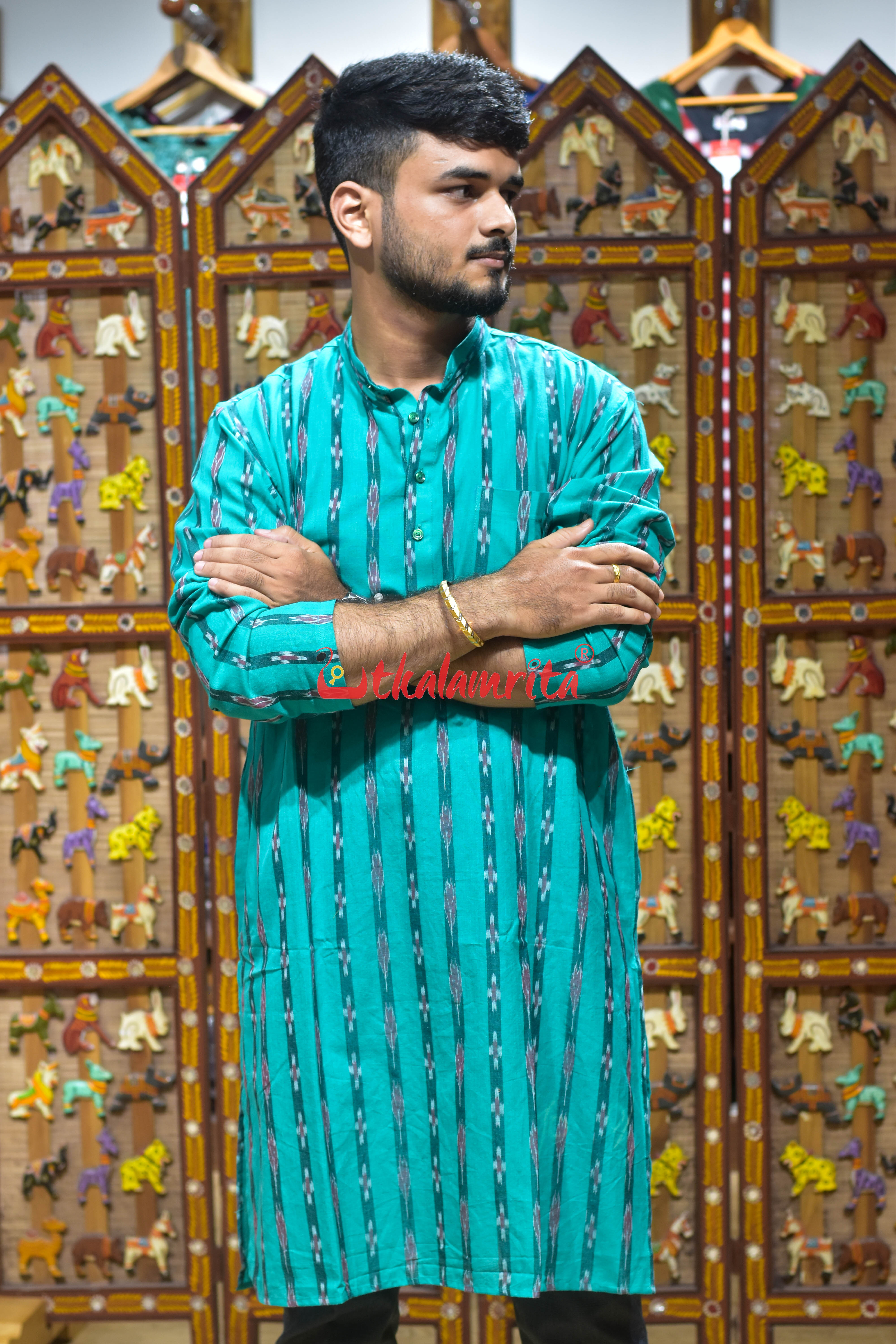 Sea Green Line Pasapali (Men's Long Kurta)