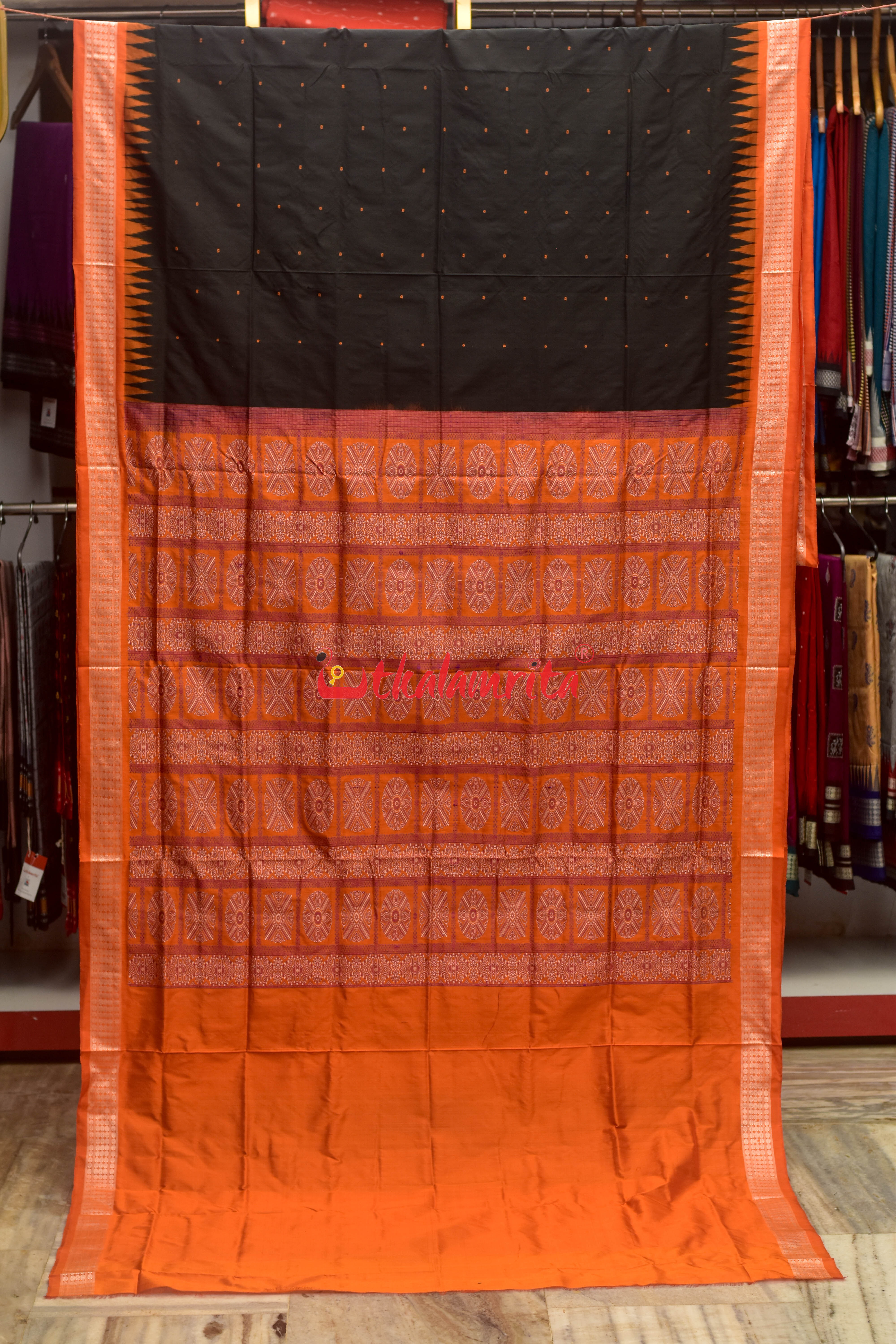 Black Orange Plain Buti Bomkai Silk Saree
