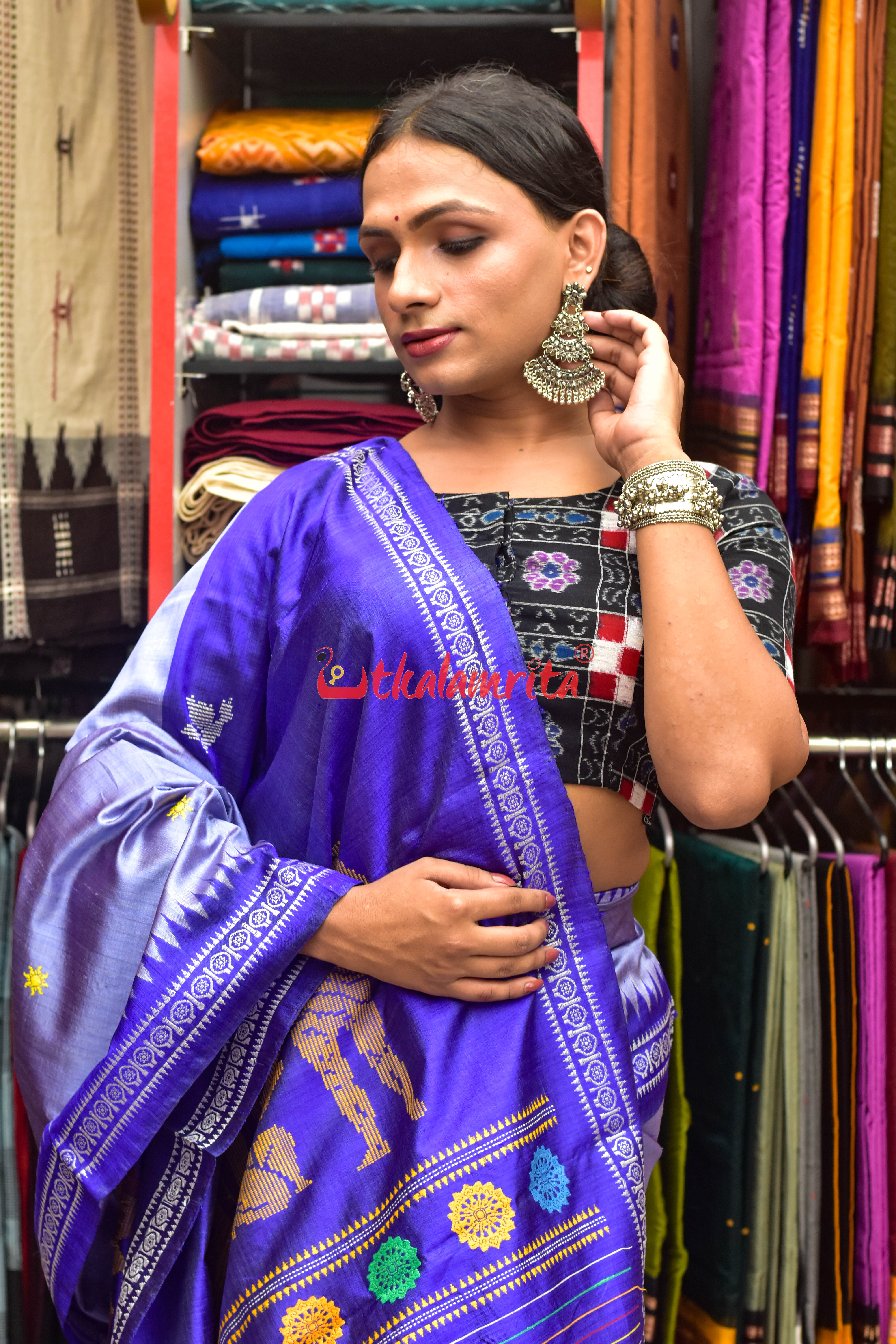 Sky Blue Konark Temple Tussar by Mulberry Silk Saree