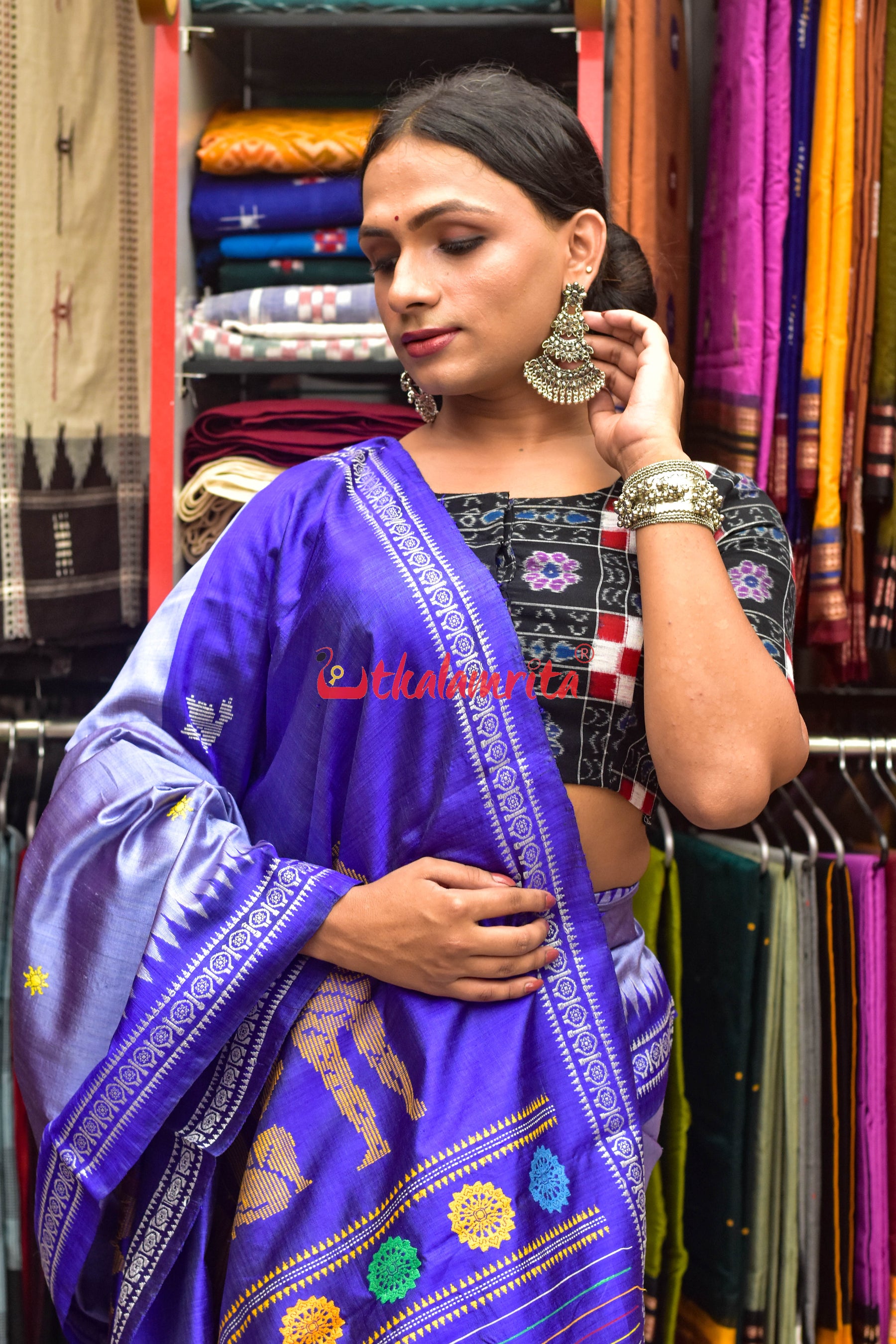 Sky Blue Konark Temple Tussar by Mulberry Silk Saree