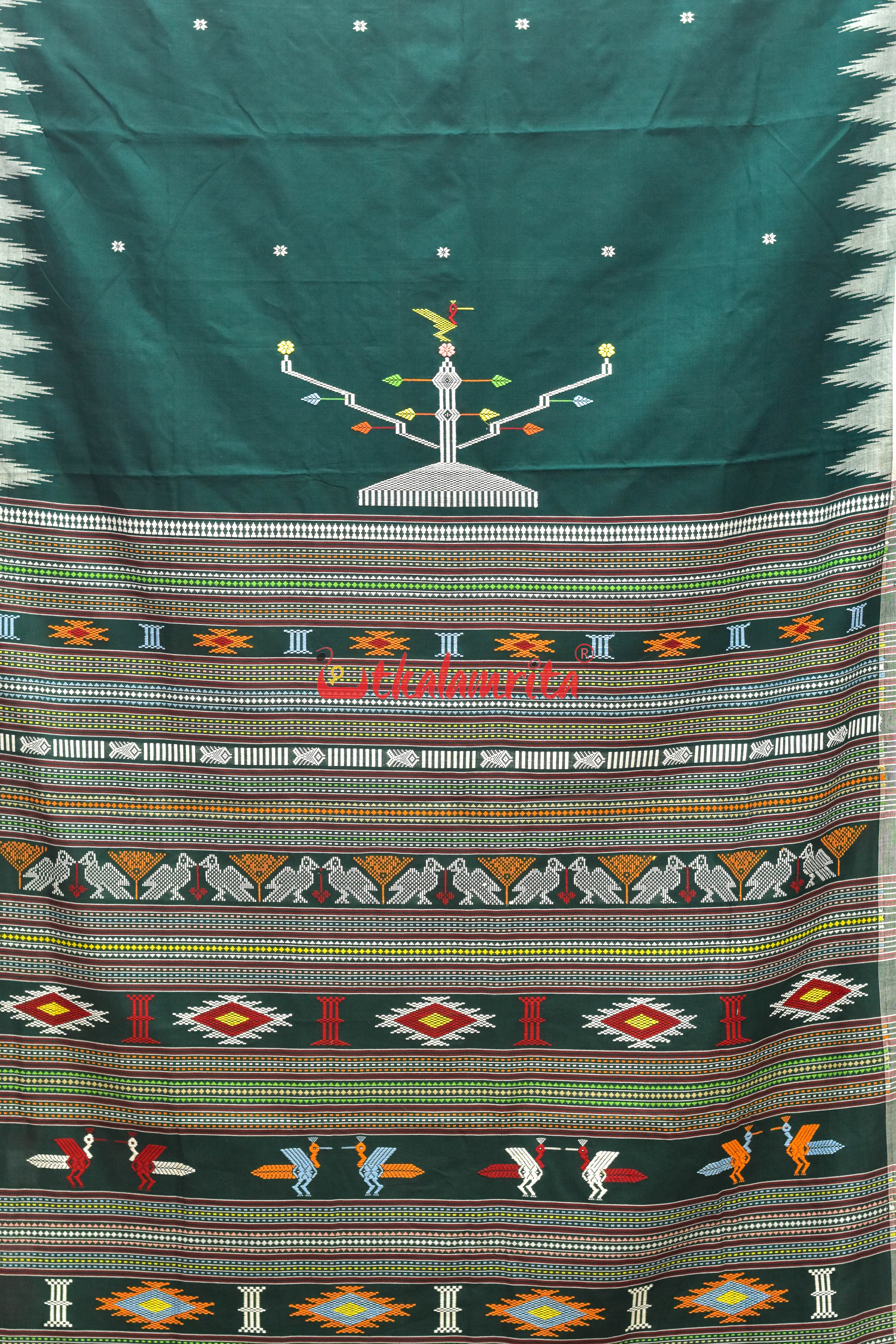 Dark Green with White Original Ganjam Bomkai Cotton Saree