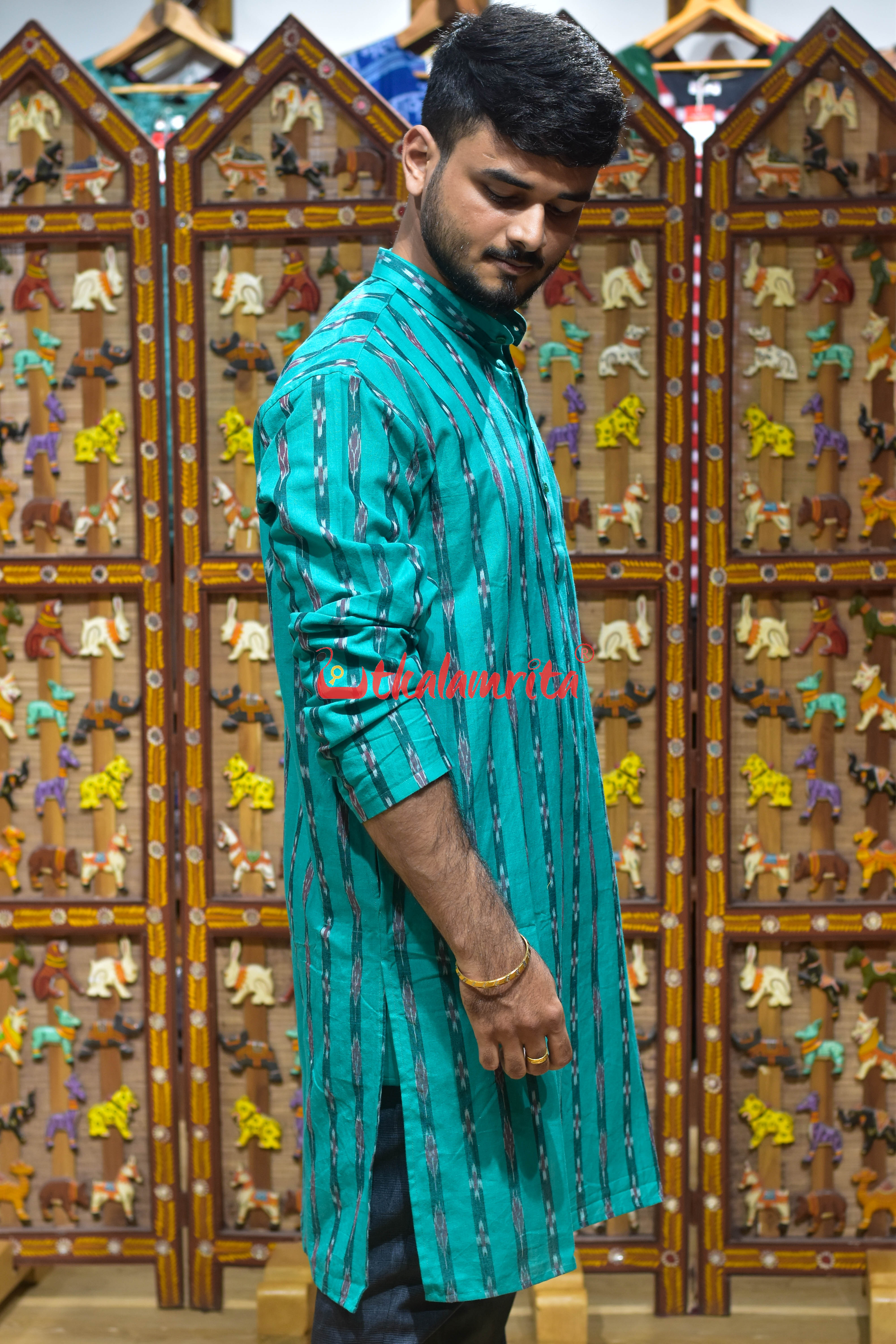 Sea Green Line Pasapali (Men's Long Kurta)