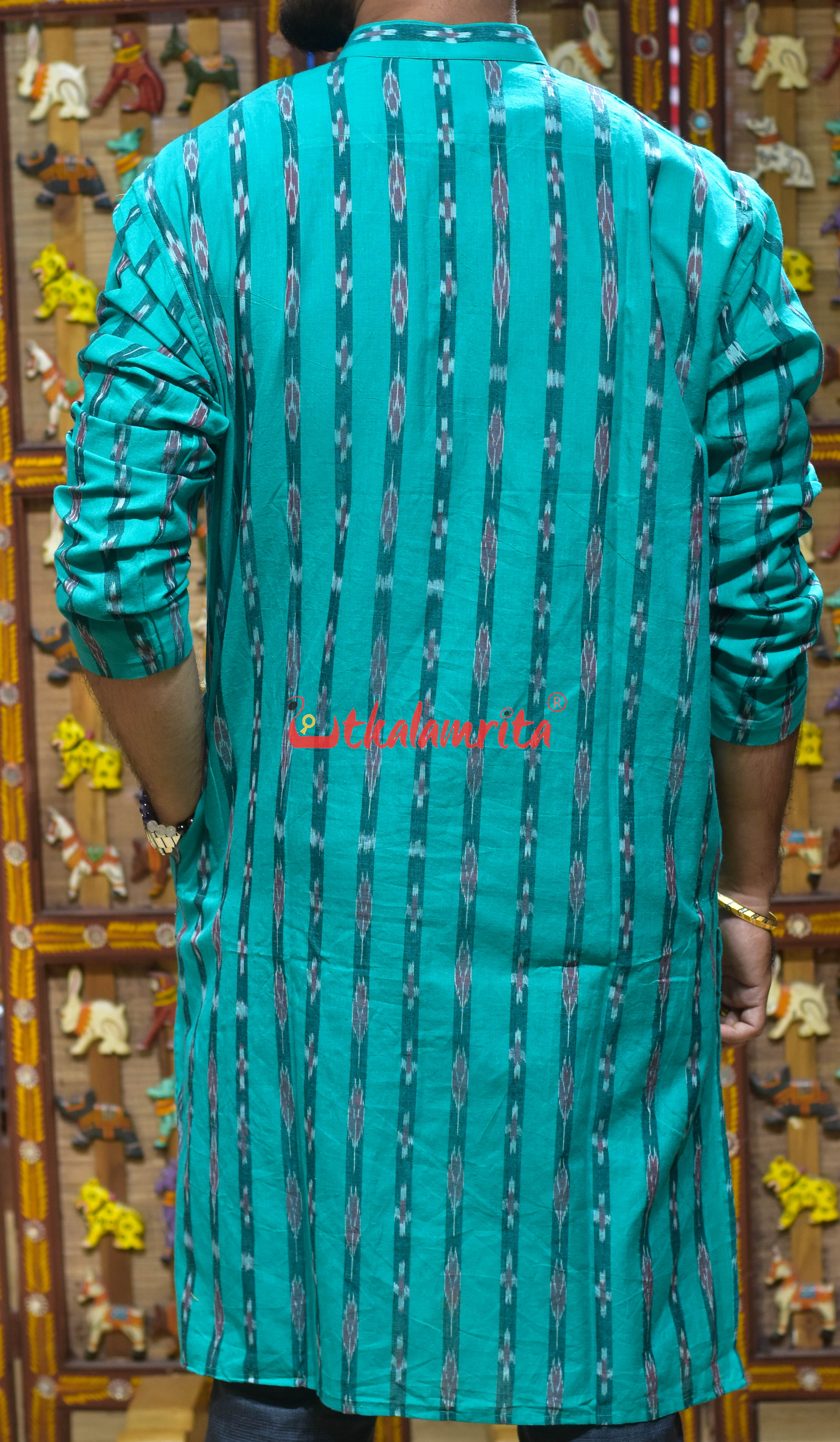 Sea Green Line Pasapali (Men's Long Kurta)