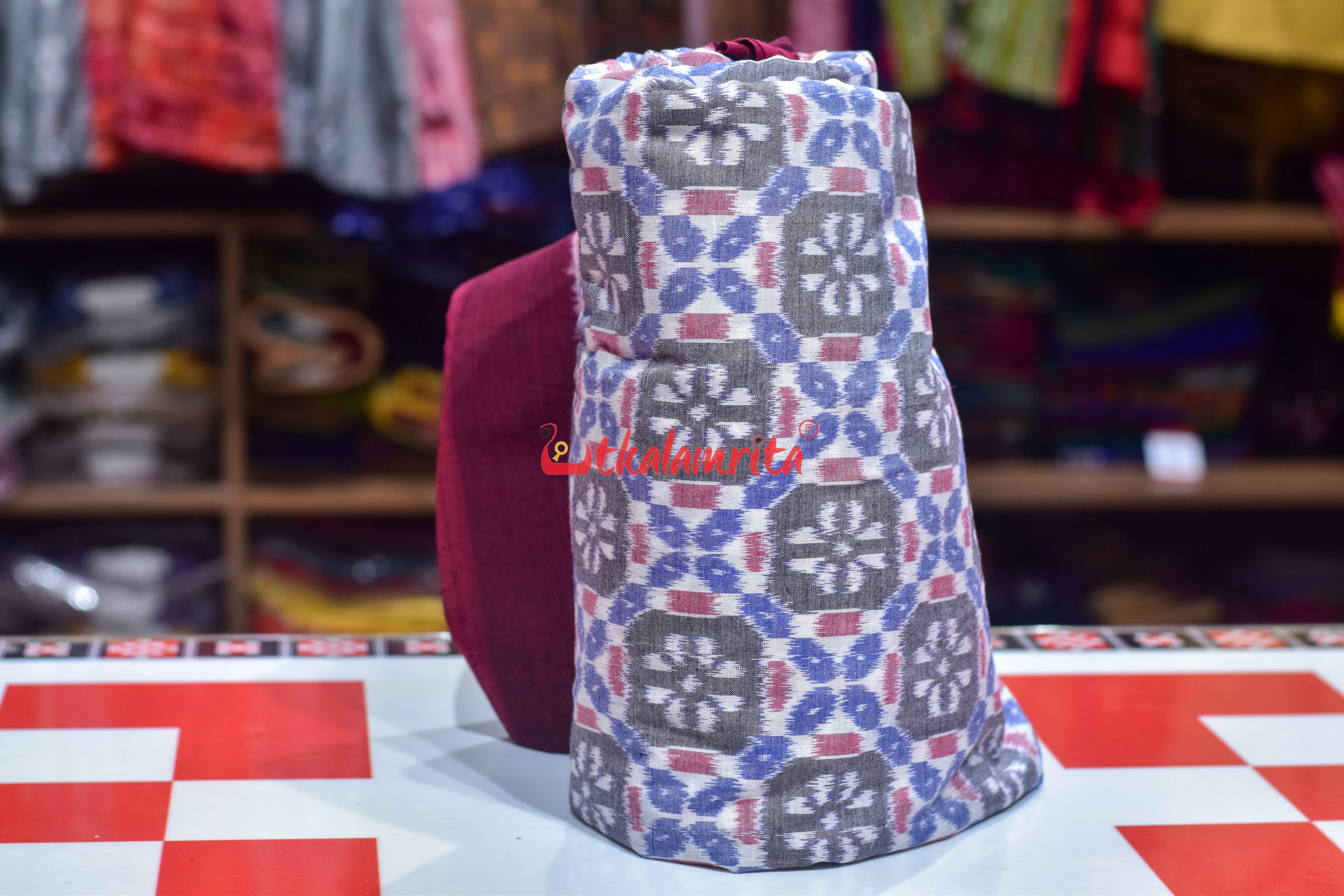 4D White Grey Flower Sambalpuri Cotton (Fabric)