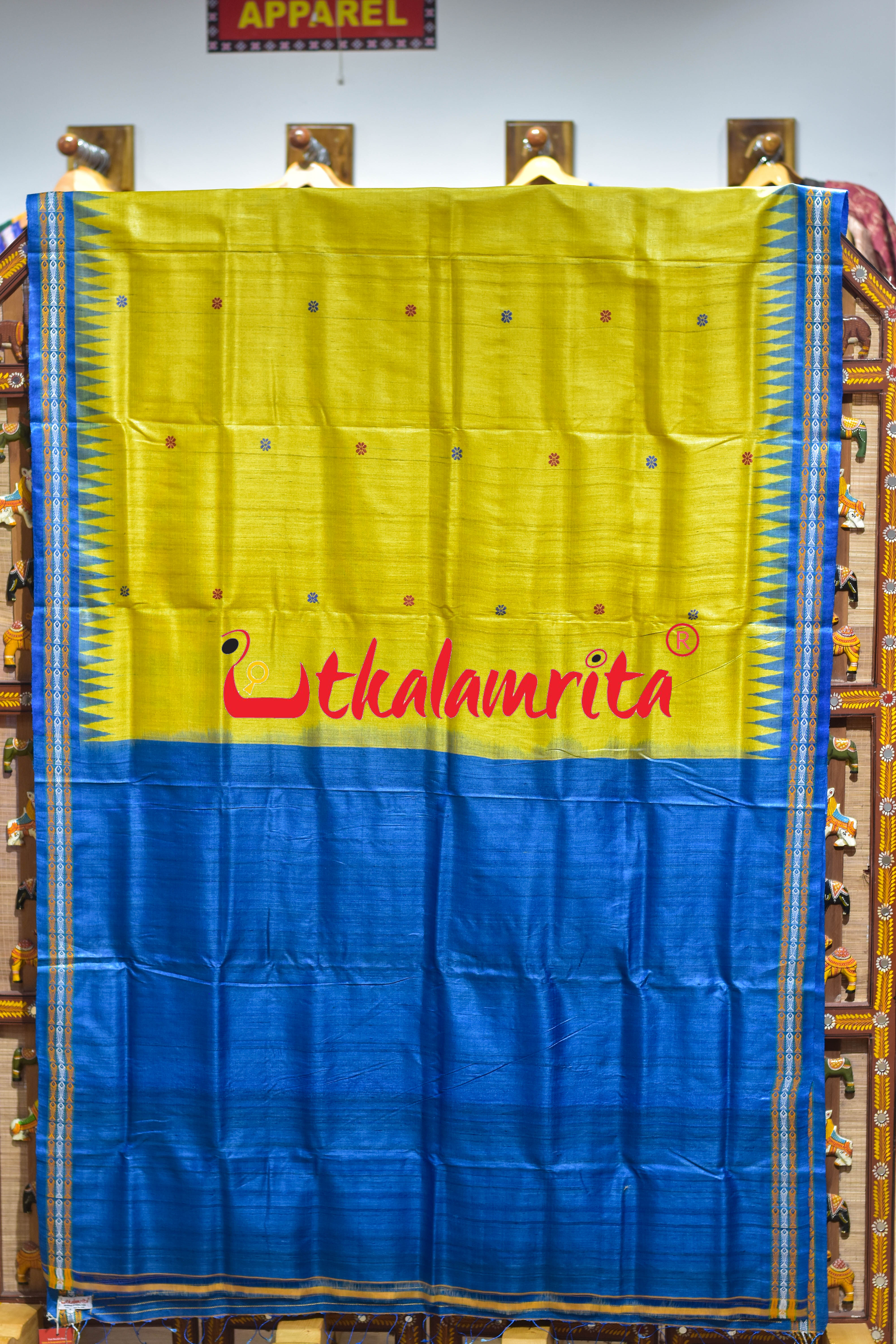 Yellow with Blue Dolabedi Gopalpur Tussar Silk Saree