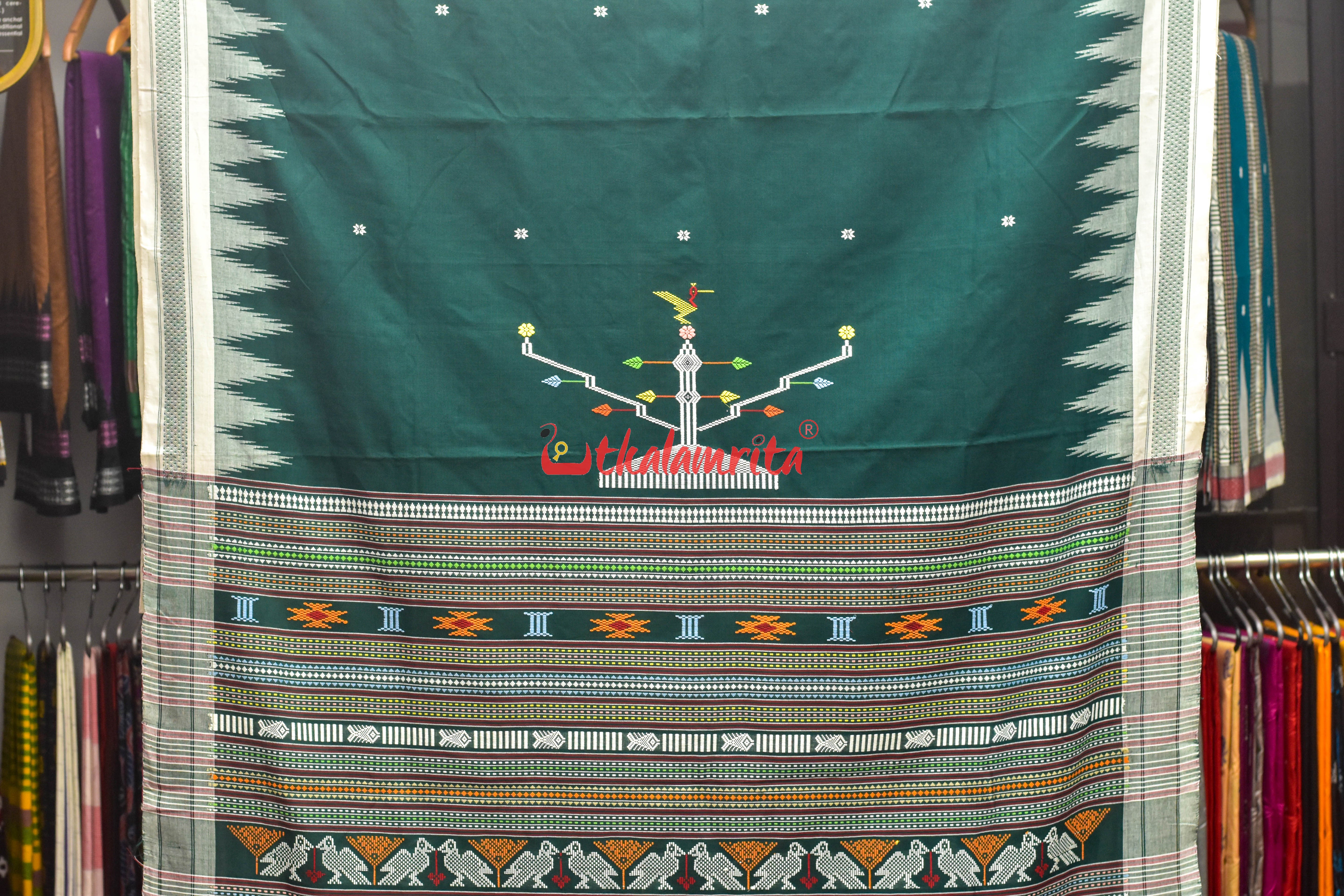Dark Green with White Original Ganjam Bomkai Cotton Saree