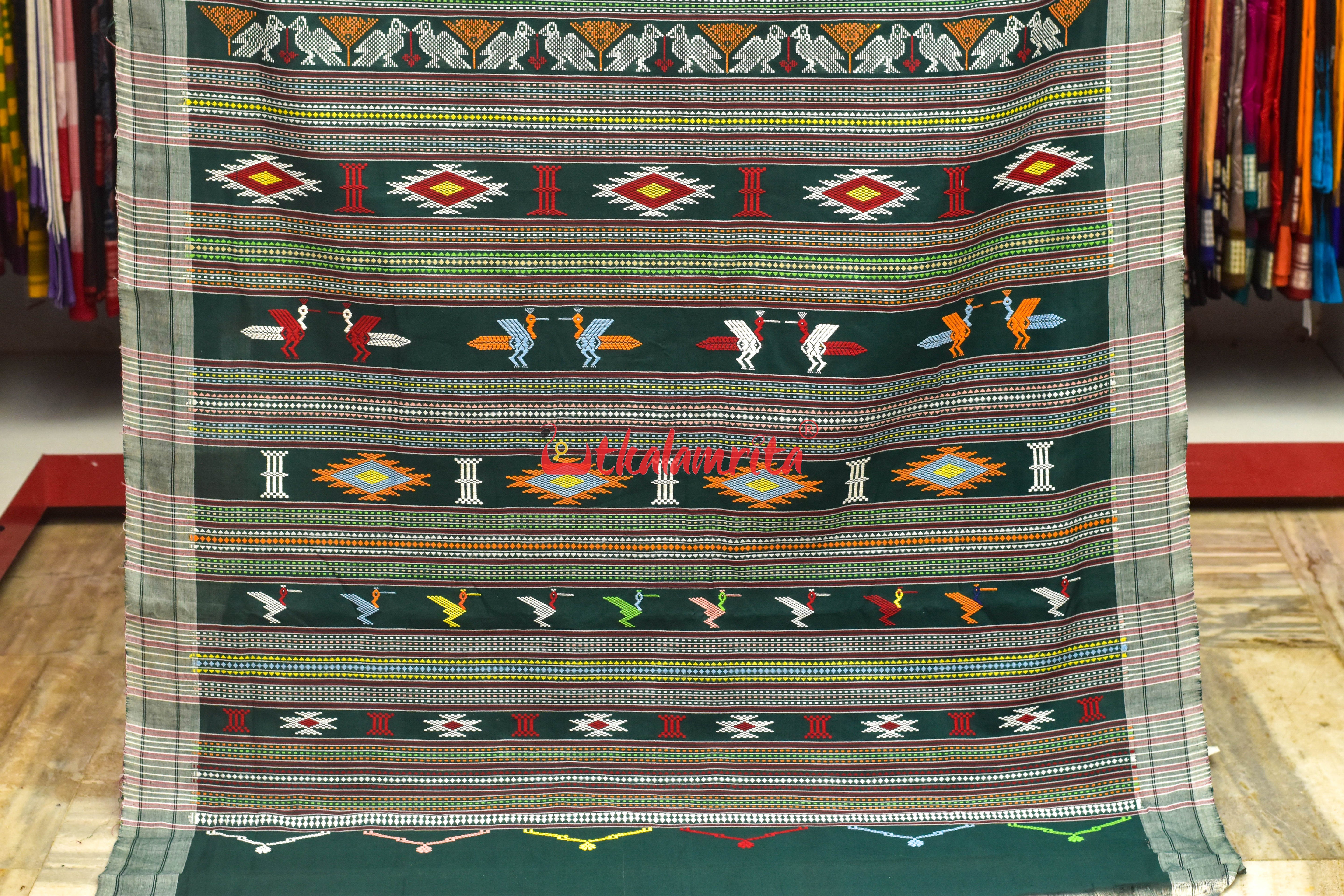 Dark Green with White Original Ganjam Bomkai Cotton Saree