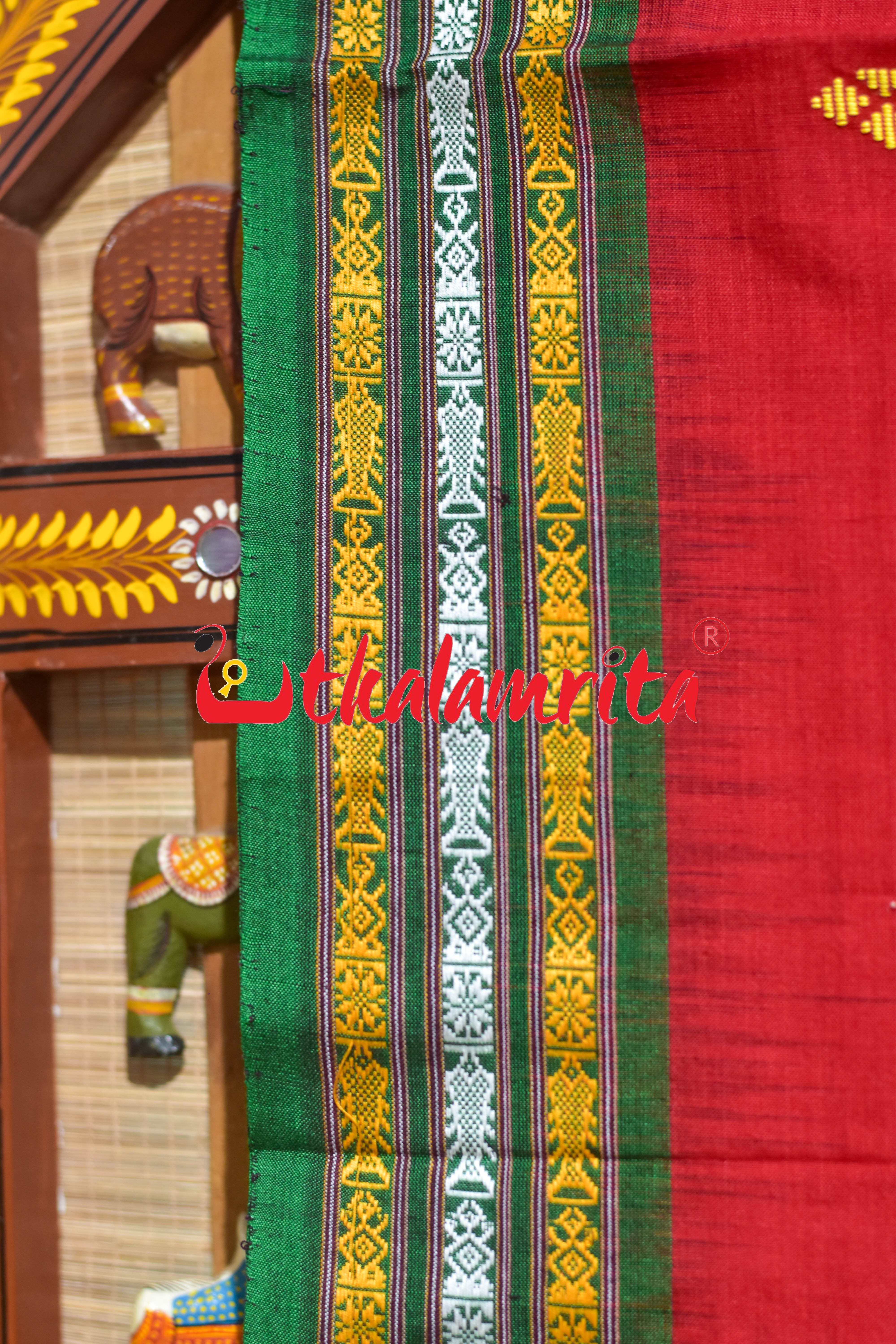 Red Green Buta Dhalapathar Cotton Saree