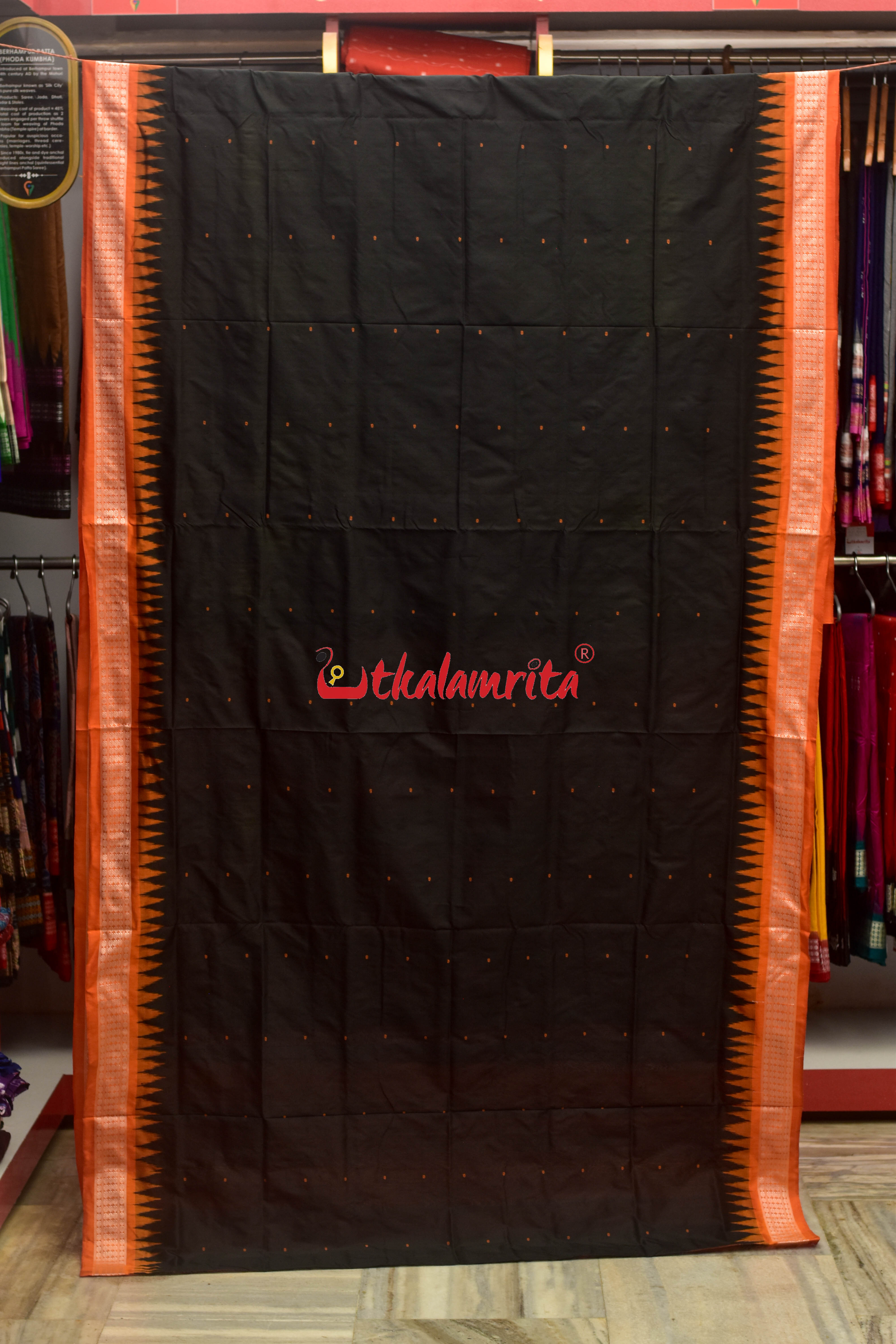 Black Orange Plain Buti Bomkai Silk Saree