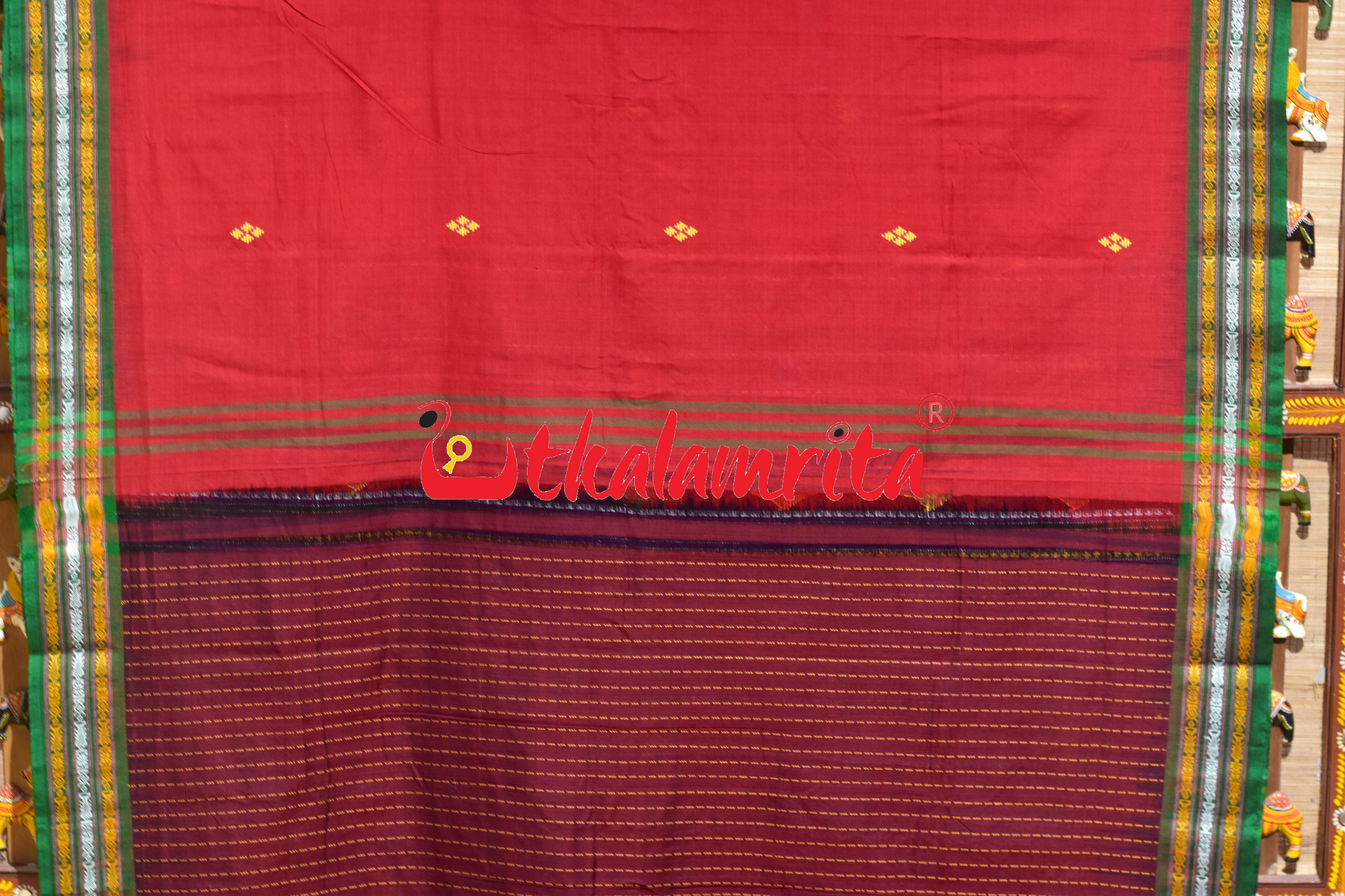 Red Green Buta Dhalapathar Cotton Saree