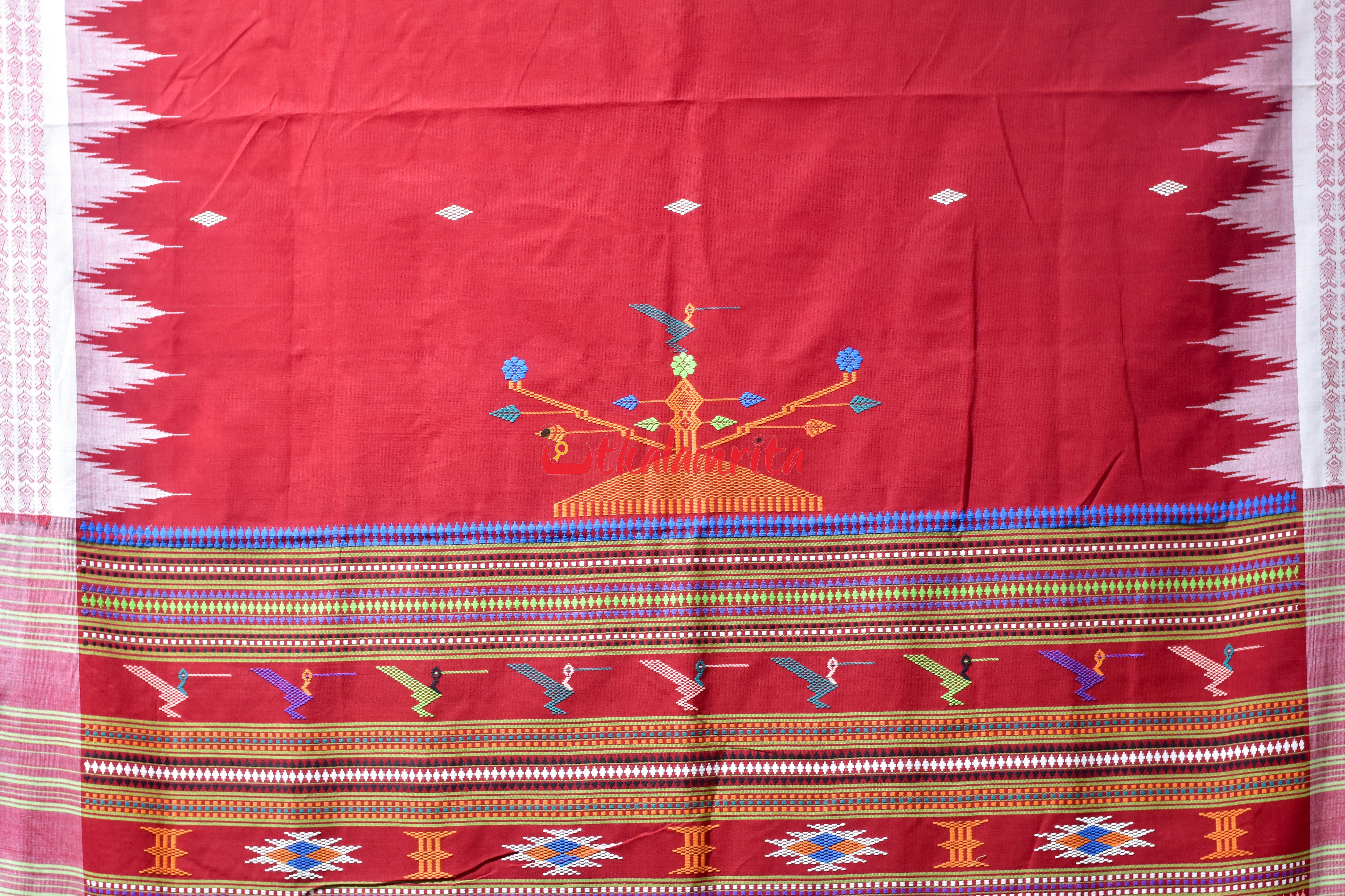 Sindoori Red Fish Border Original Ganjam Bomkai Cotton Saree