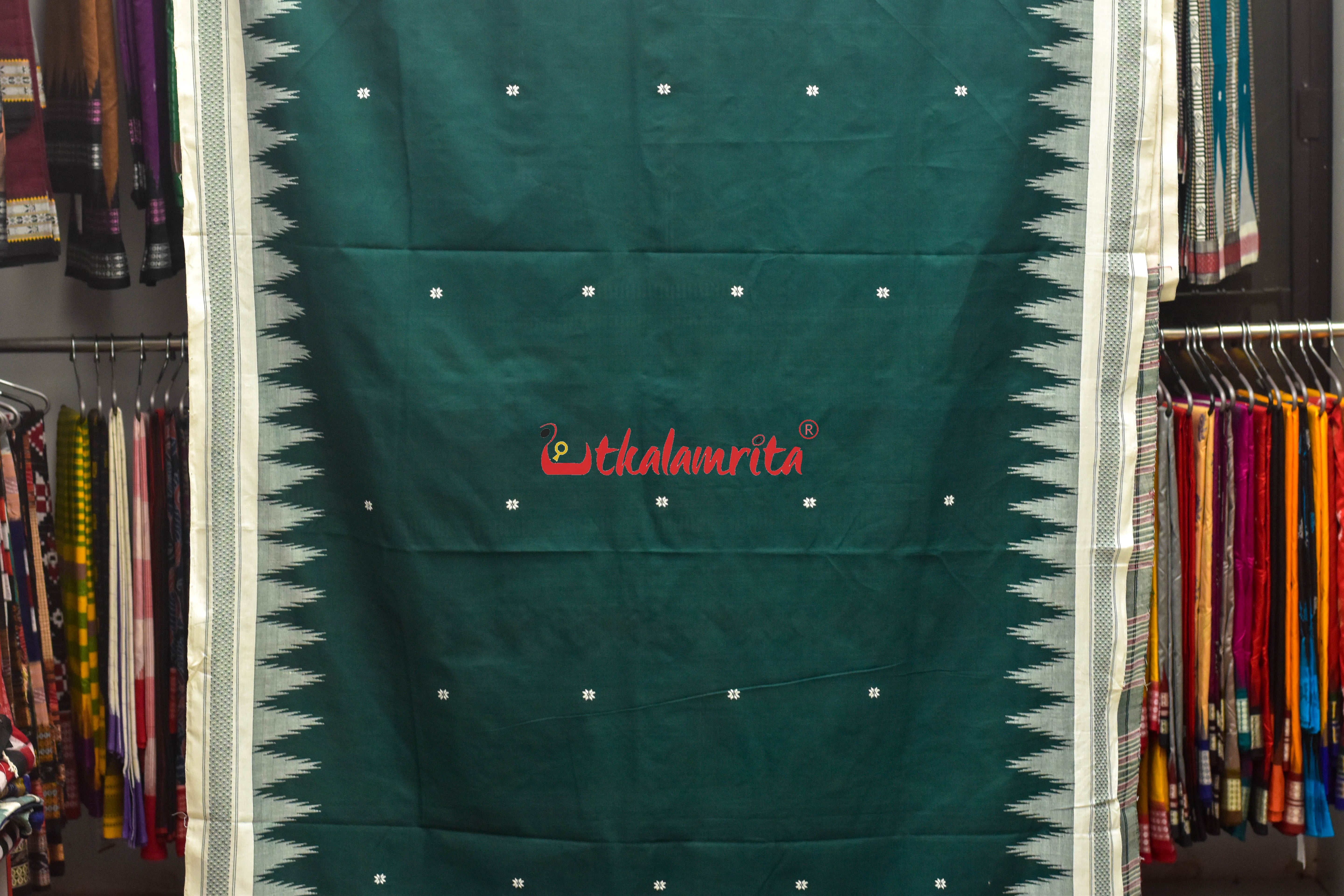Dark Green with White Original Ganjam Bomkai Cotton Saree