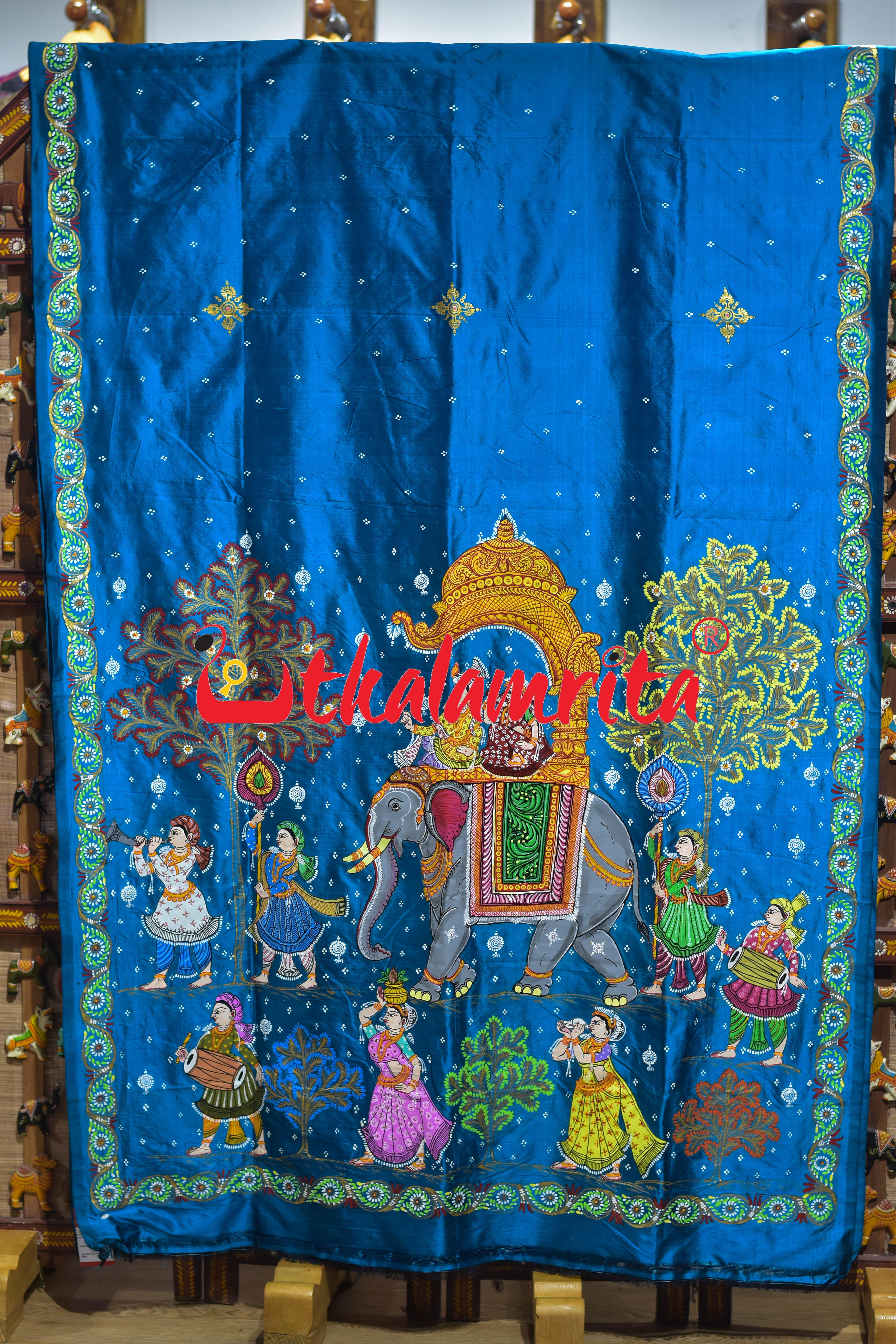 Copper Sulphate Raja Rani Theme Pattachitra Silk Saree