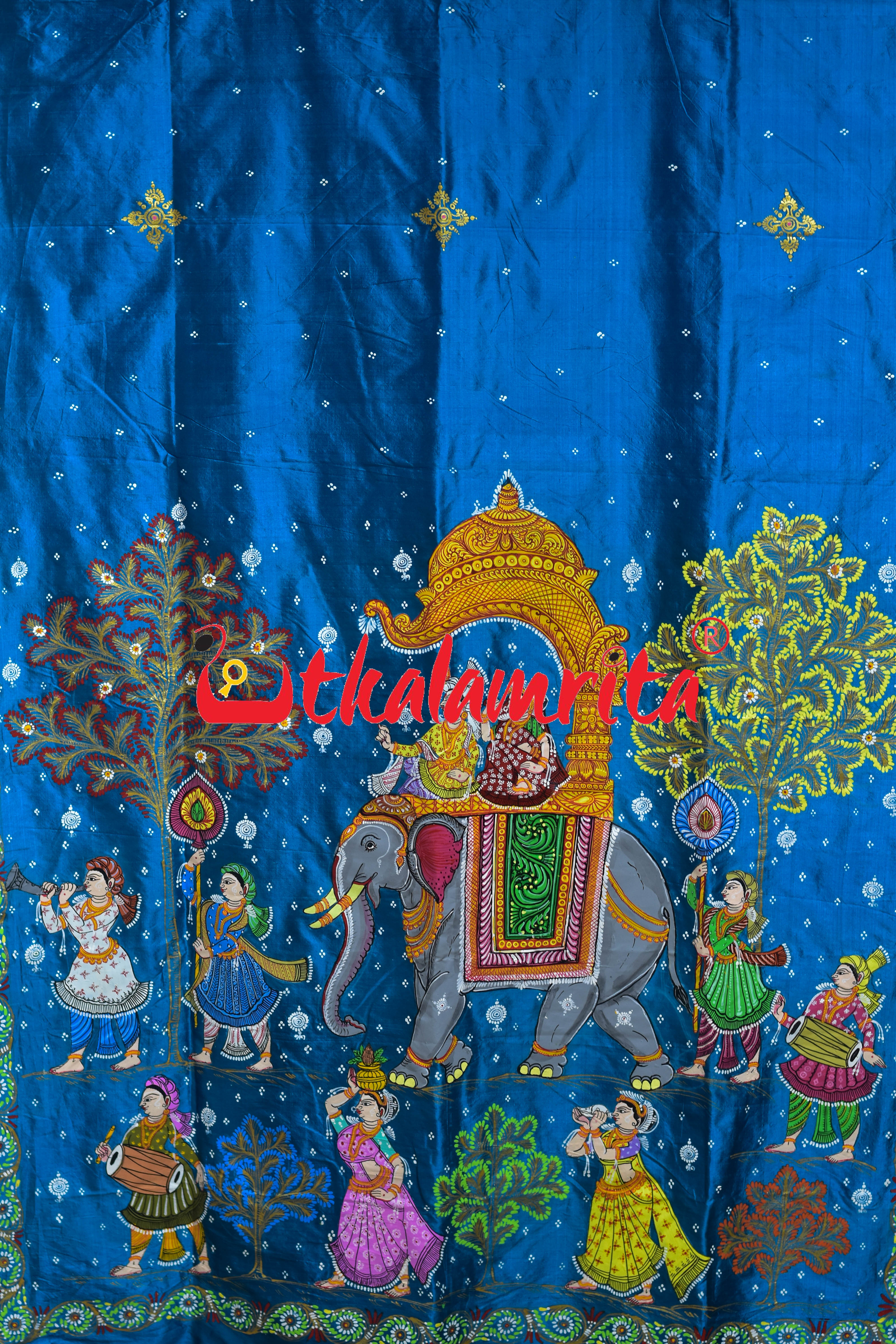 Copper Sulphate Raja Rani Theme Pattachitra Silk Saree