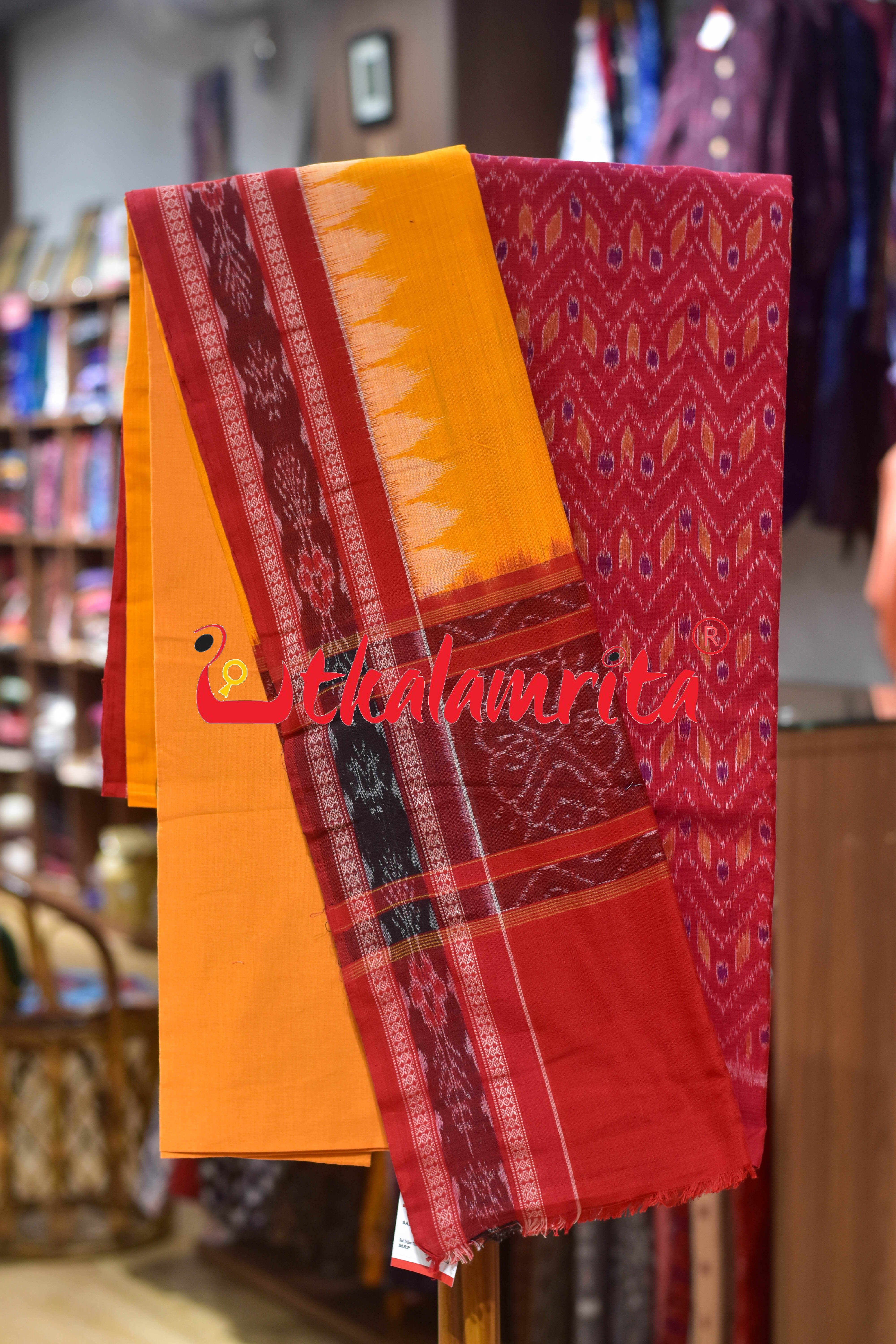 Red Yellow Thikiri Waves Sambalpuri Cotton Dress Set