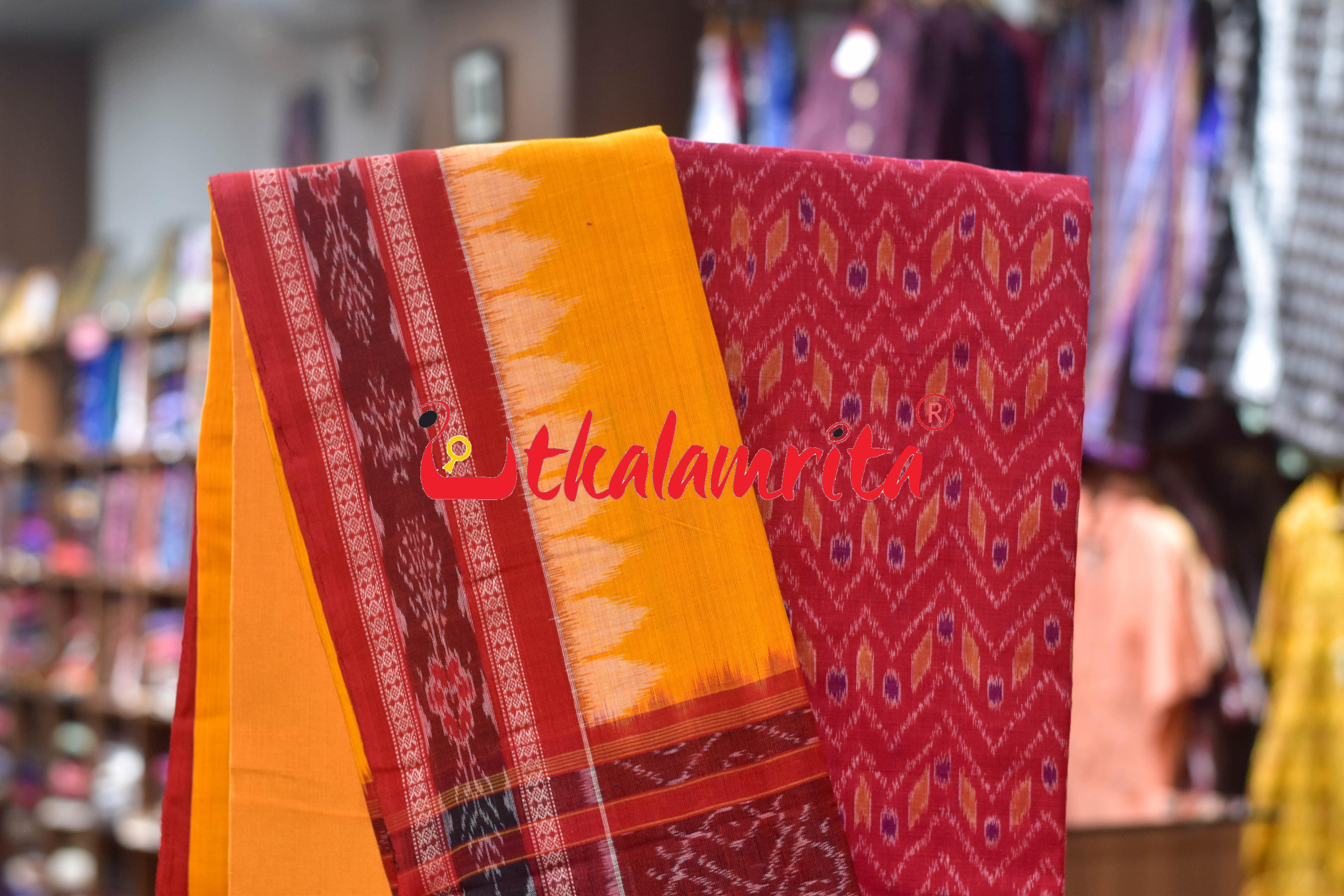 Red Yellow Thikiri Waves Sambalpuri Cotton Dress Set