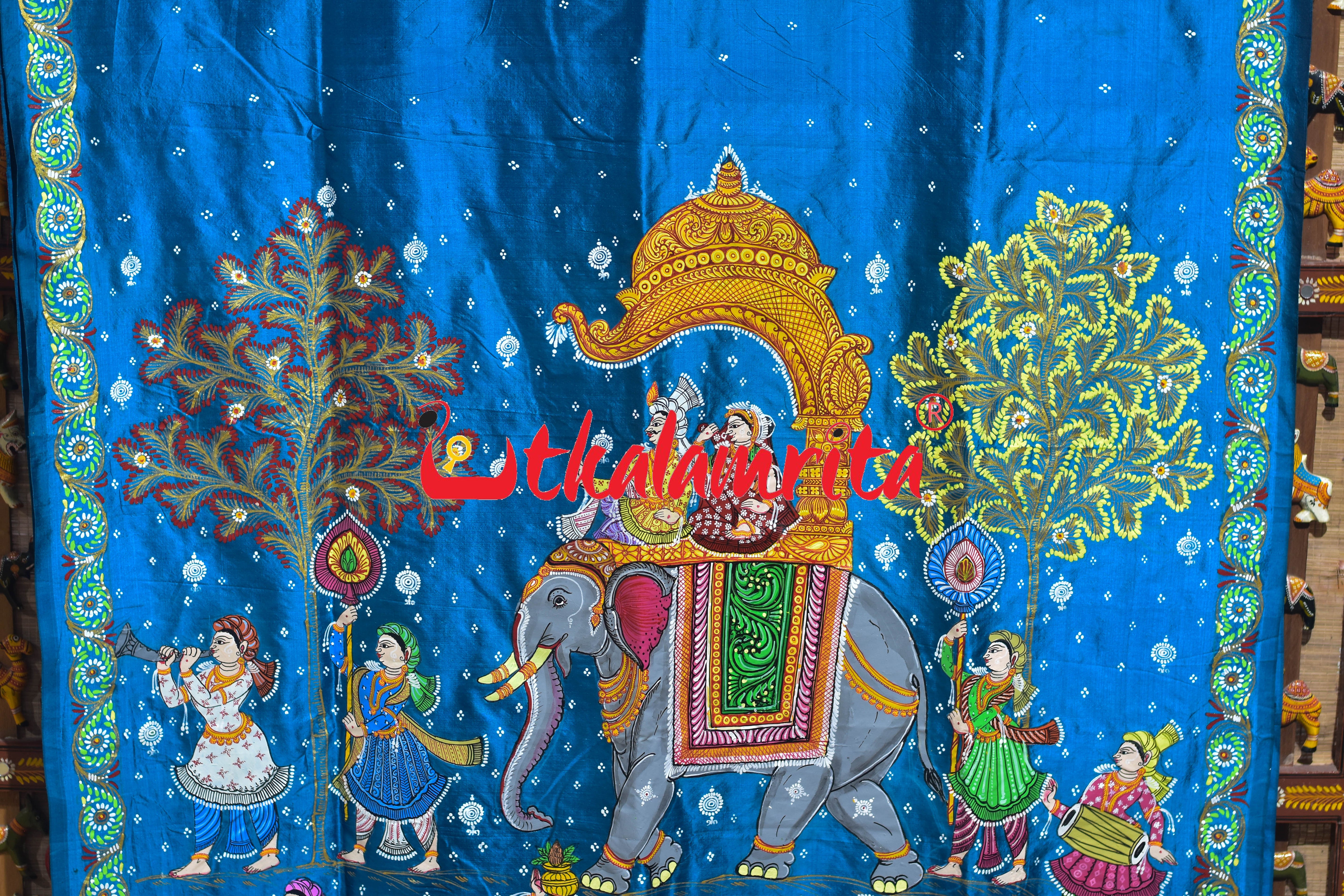 Copper Sulphate Raja Rani Theme Pattachitra Silk Saree