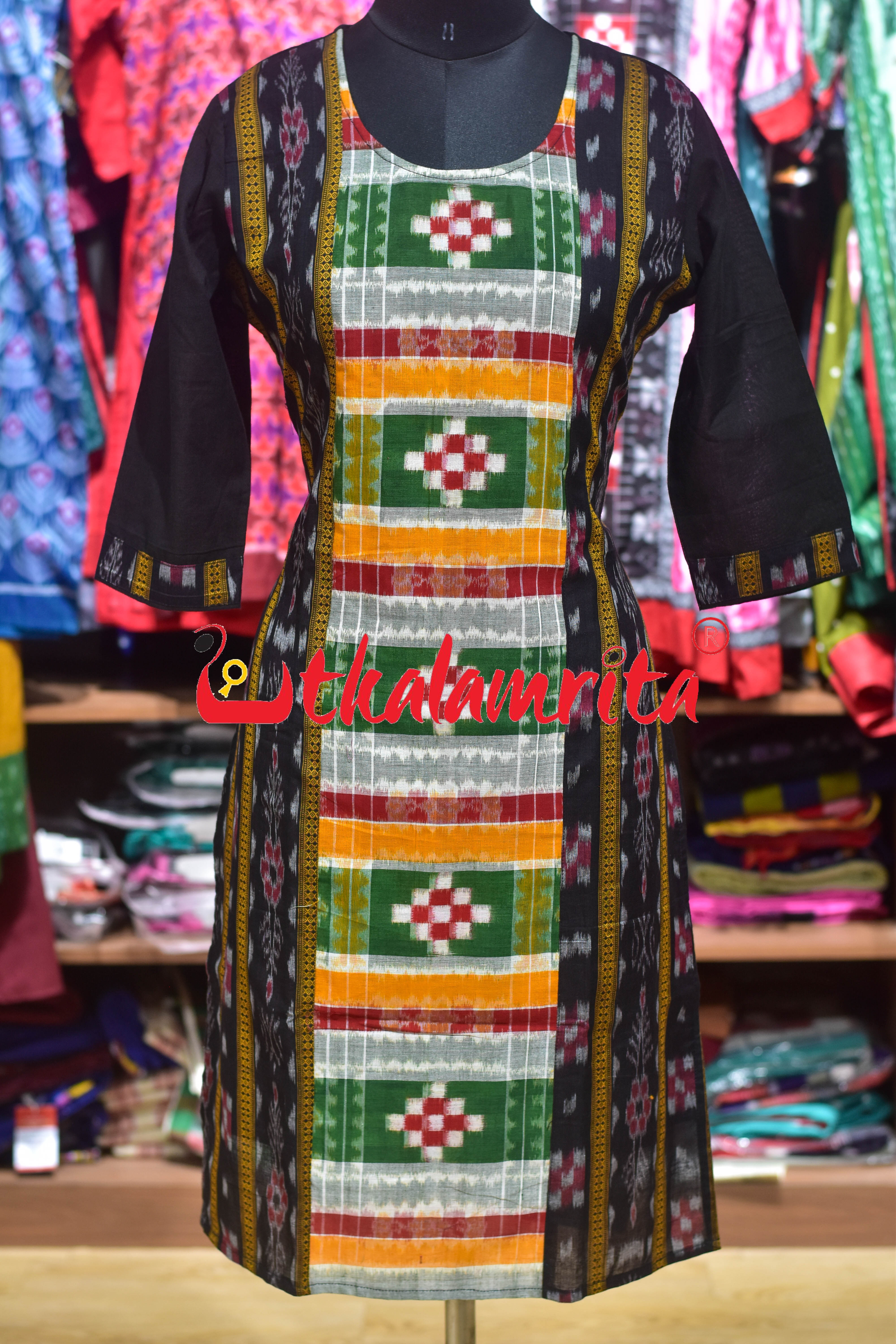 Black Flower Ikat Multi Pasapali (Ladies' Kurti)
