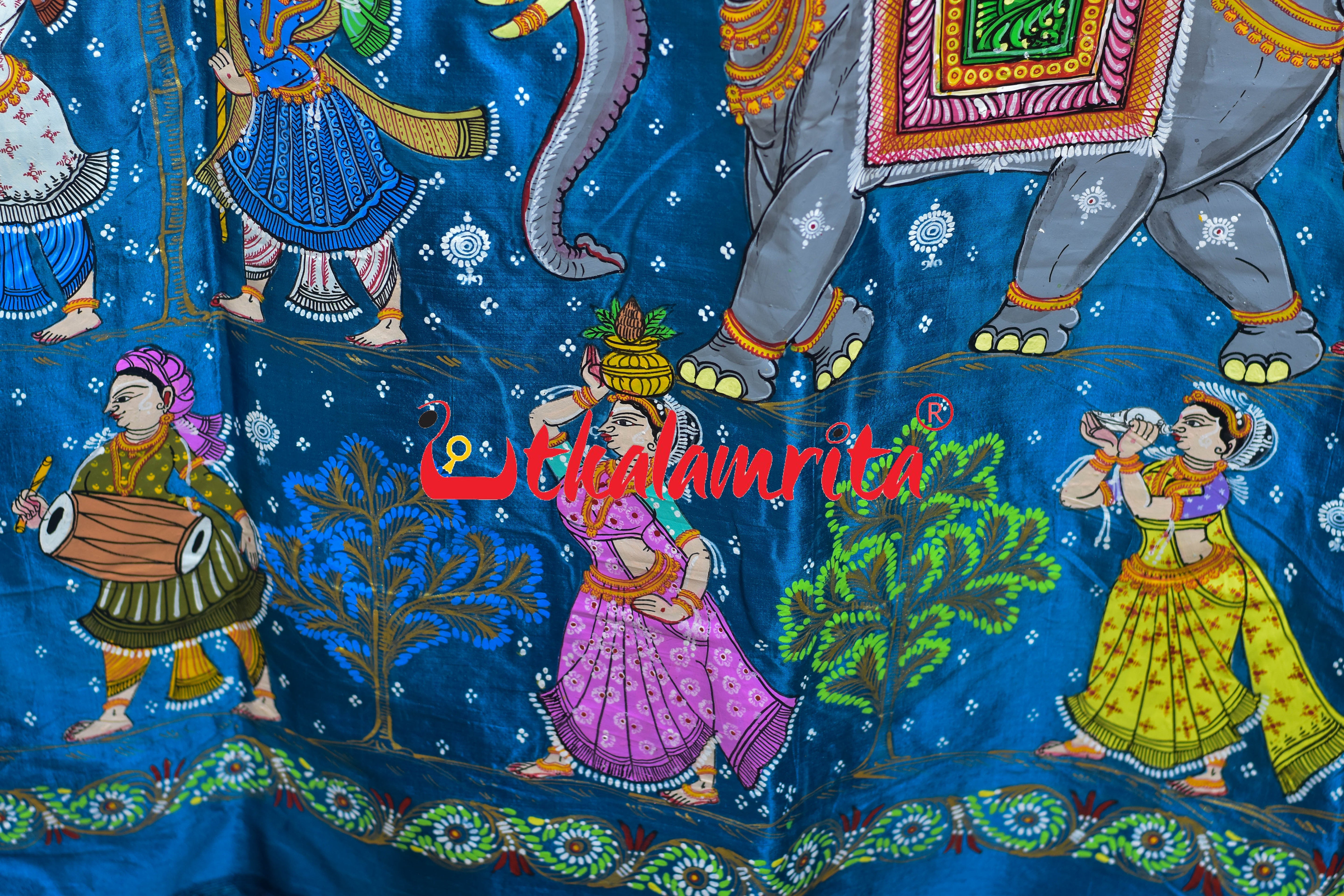 Copper Sulphate Raja Rani Theme Pattachitra Silk Saree