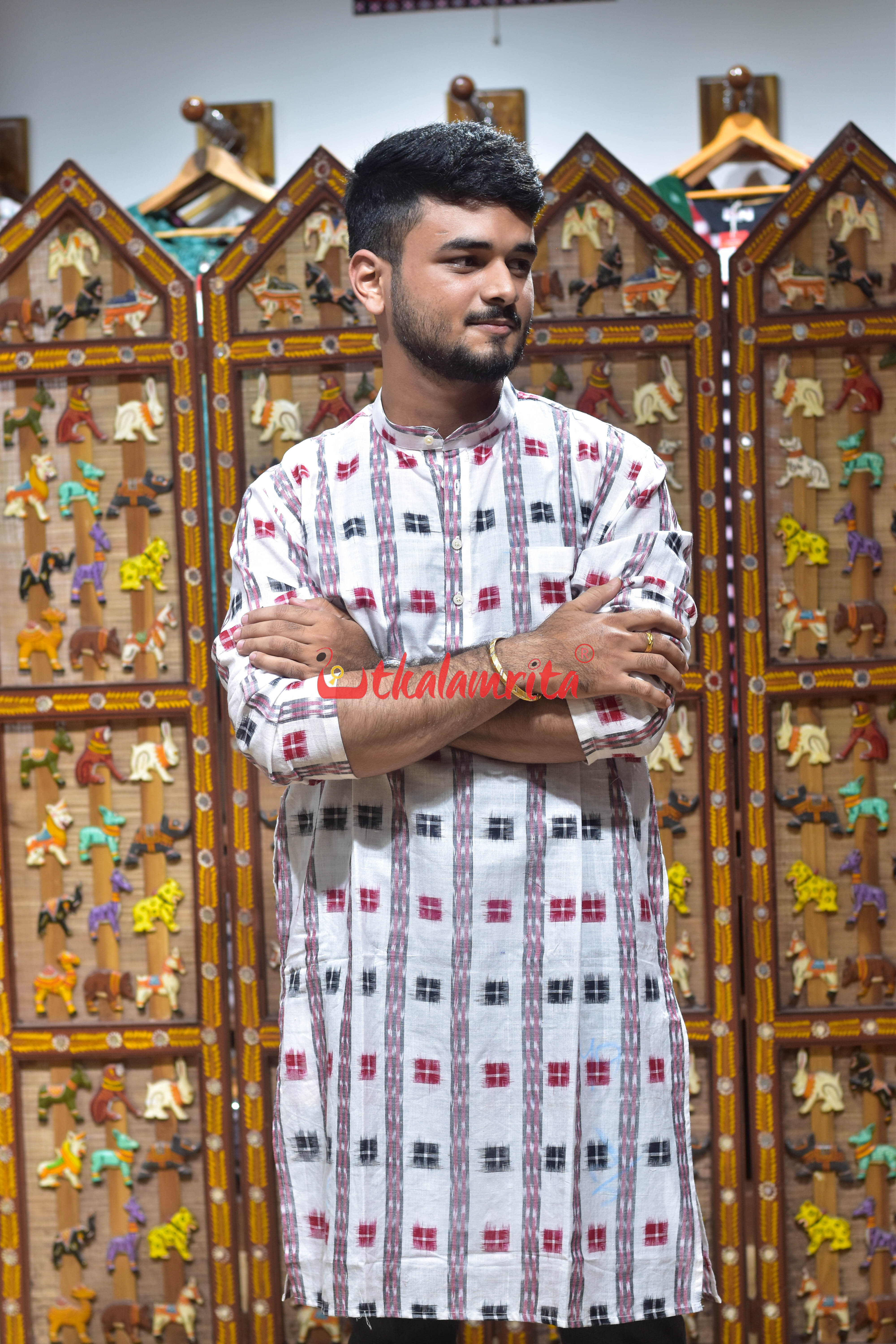 White Black Red Pasapali (Men's Long Kurta)
