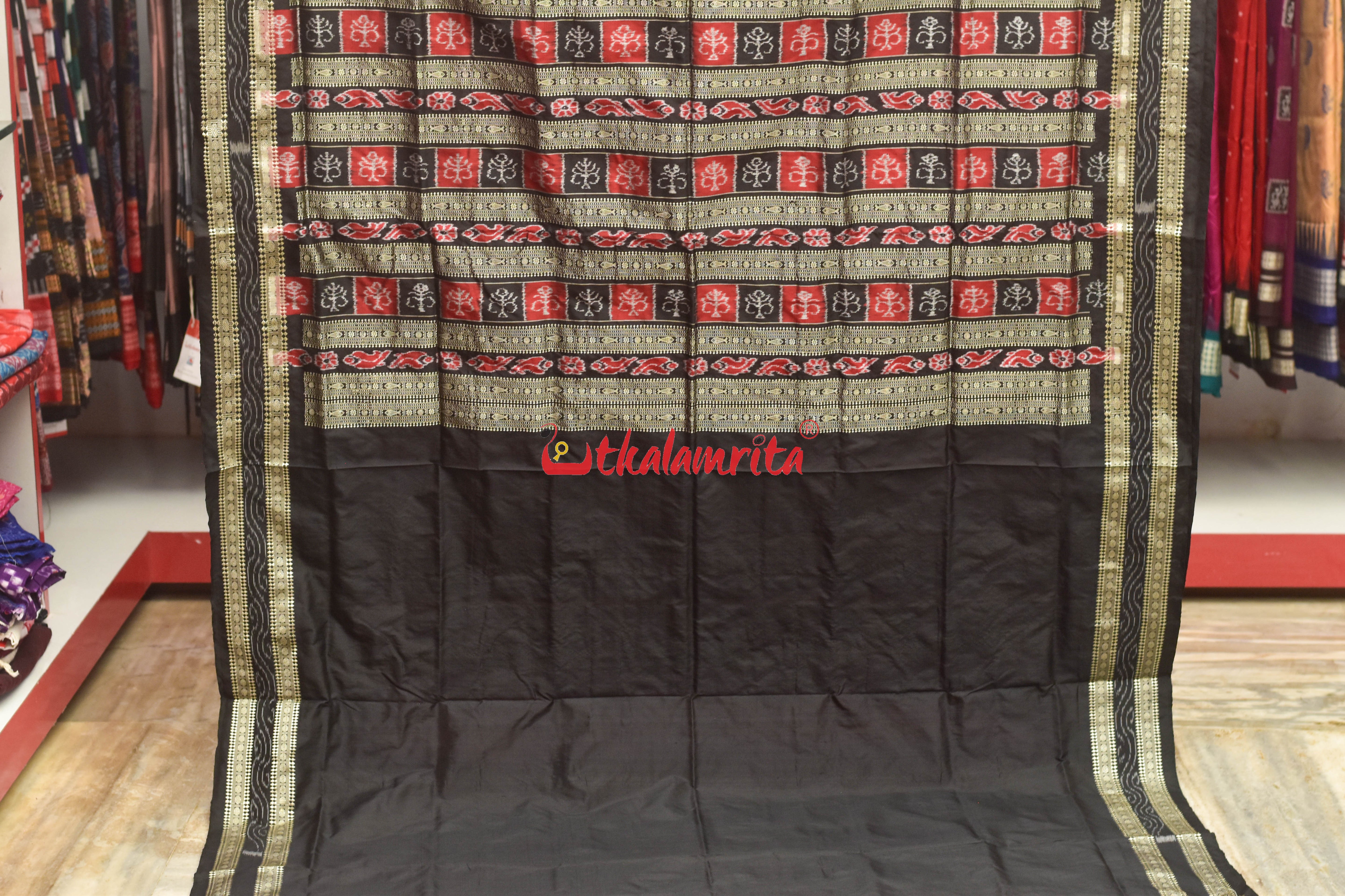 Hazar Buti Red Black Bomkai Silk Saree